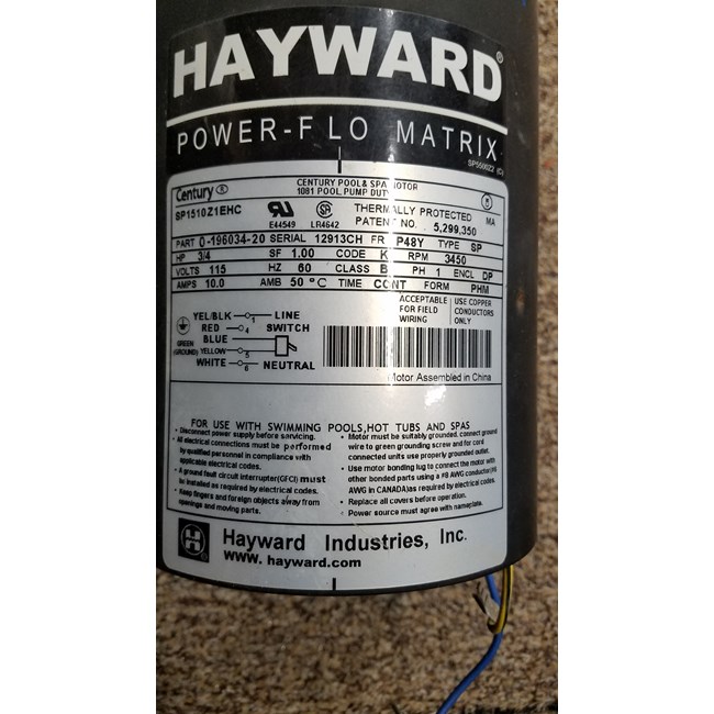 Hayward Motor 3/4 Hp W/ Switch (SPX1510Z1E, SP1510Z1E)