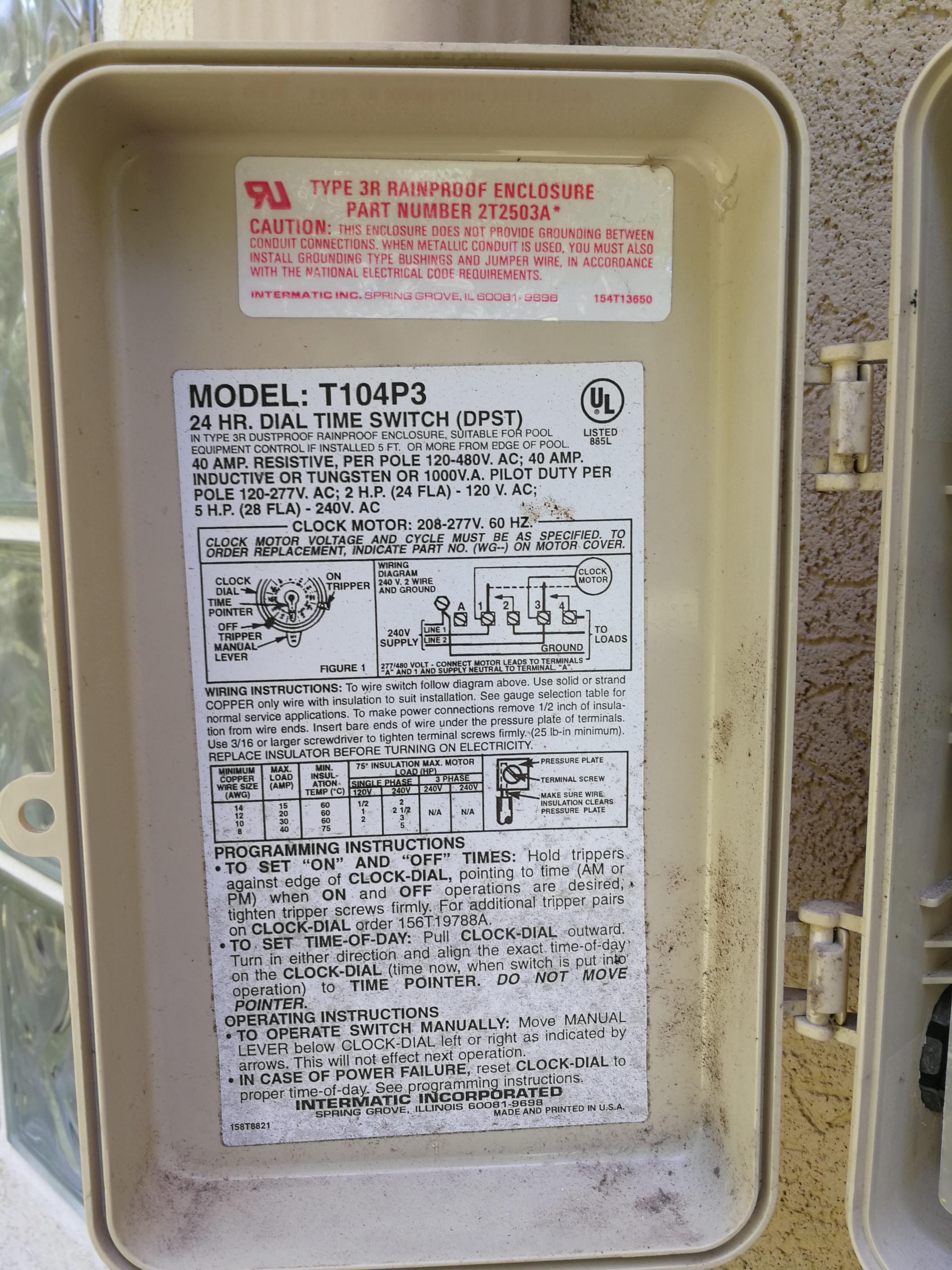 Intermatic T104P3 24 Hour Time Switch, 220V, Plastic Enclosure