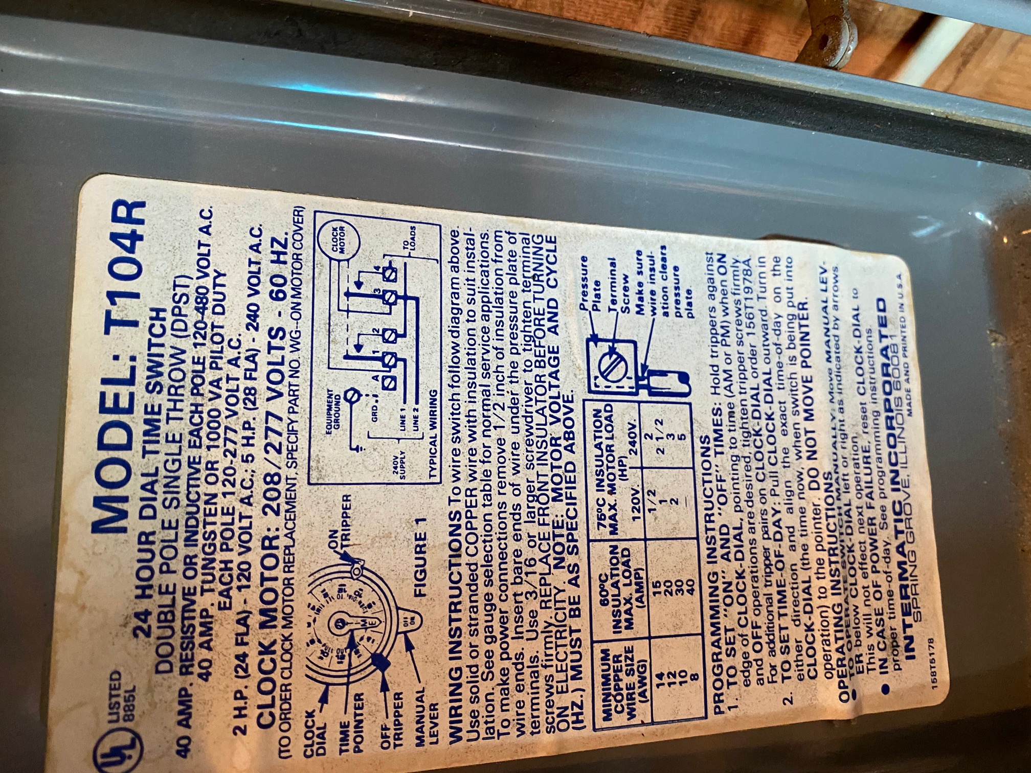 Intermatic Mechanical Timer Mechanism Only, 40 Amp, 220 Volt, DPST, 24 Hour Cycle - T104M