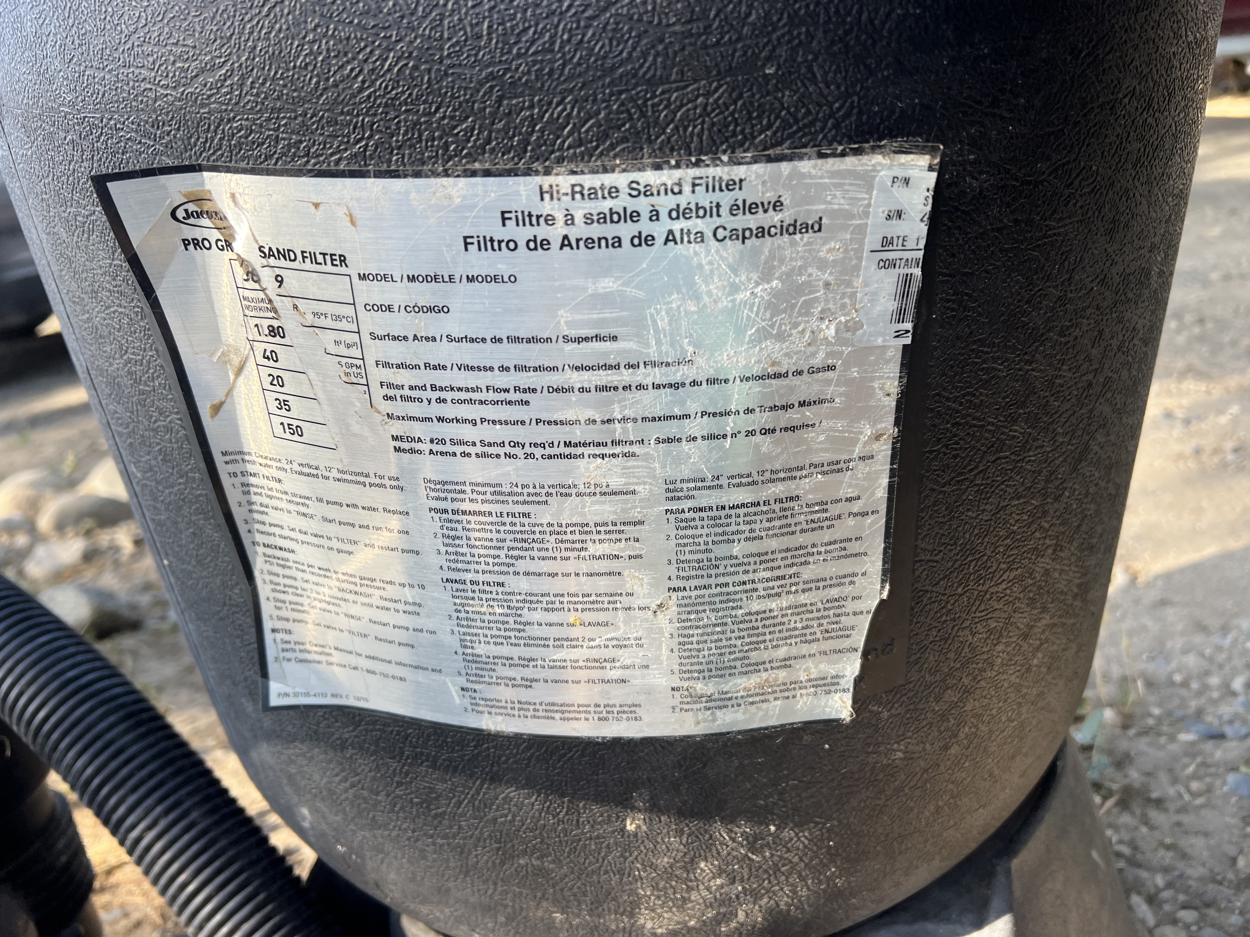 Jacuzzi Inc. Jacuzzi Laser Sand Filter, Top Mount, L192-7C, 19", 1-1/2" Valve - 94089192