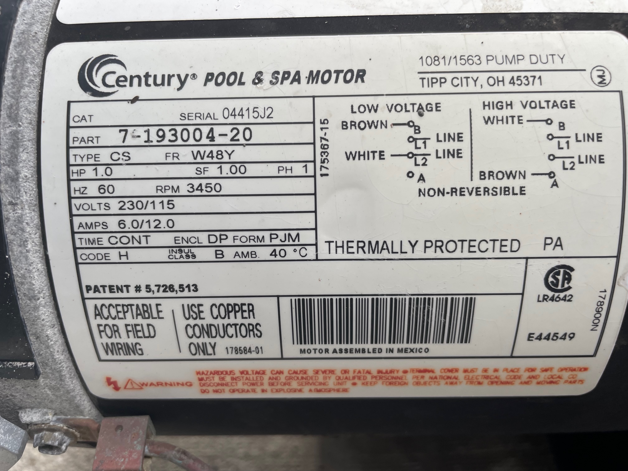 Magnetek Century (A.O. Smith) 1.0 HP Up Rate Thru Bolt Motor, 48Y Frame, Single Speed - Model BN25V1