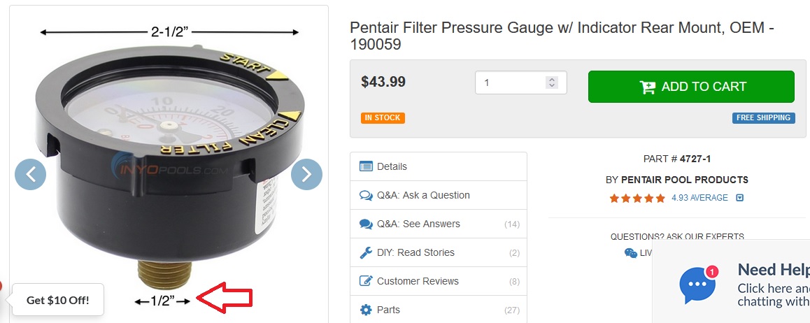 Pentair OEM Pool Filter Pressure Gauge with Indicator, Rear Mount, 0