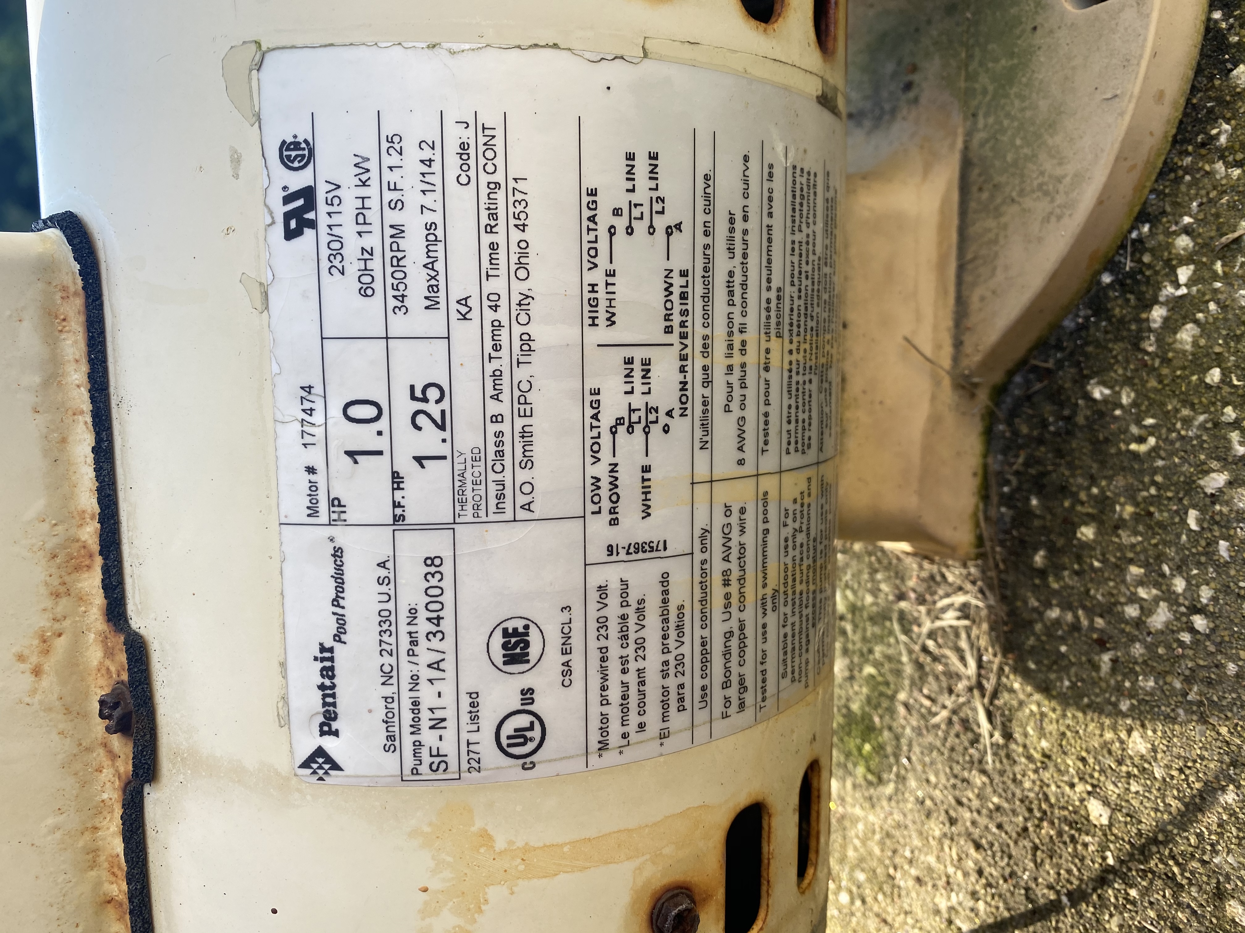 Pentair OEM Motor WFE4/WF26 1HP Almond 355010S