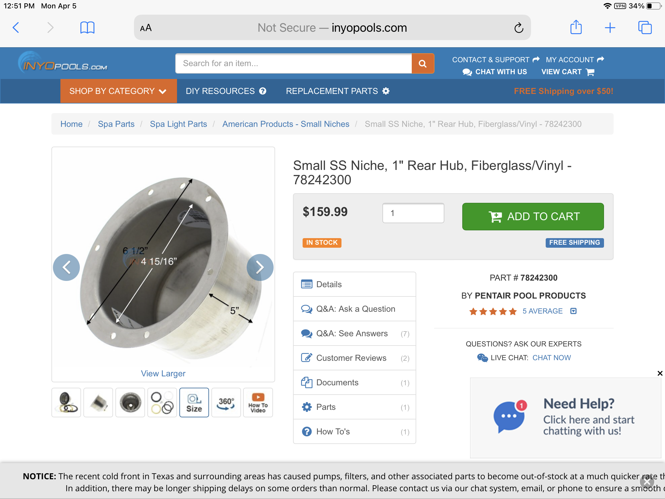 Pentair Small Stainless Steel Niche, 1" Rear Hub, for Fiberglass and Vinyl Pools - 78242300