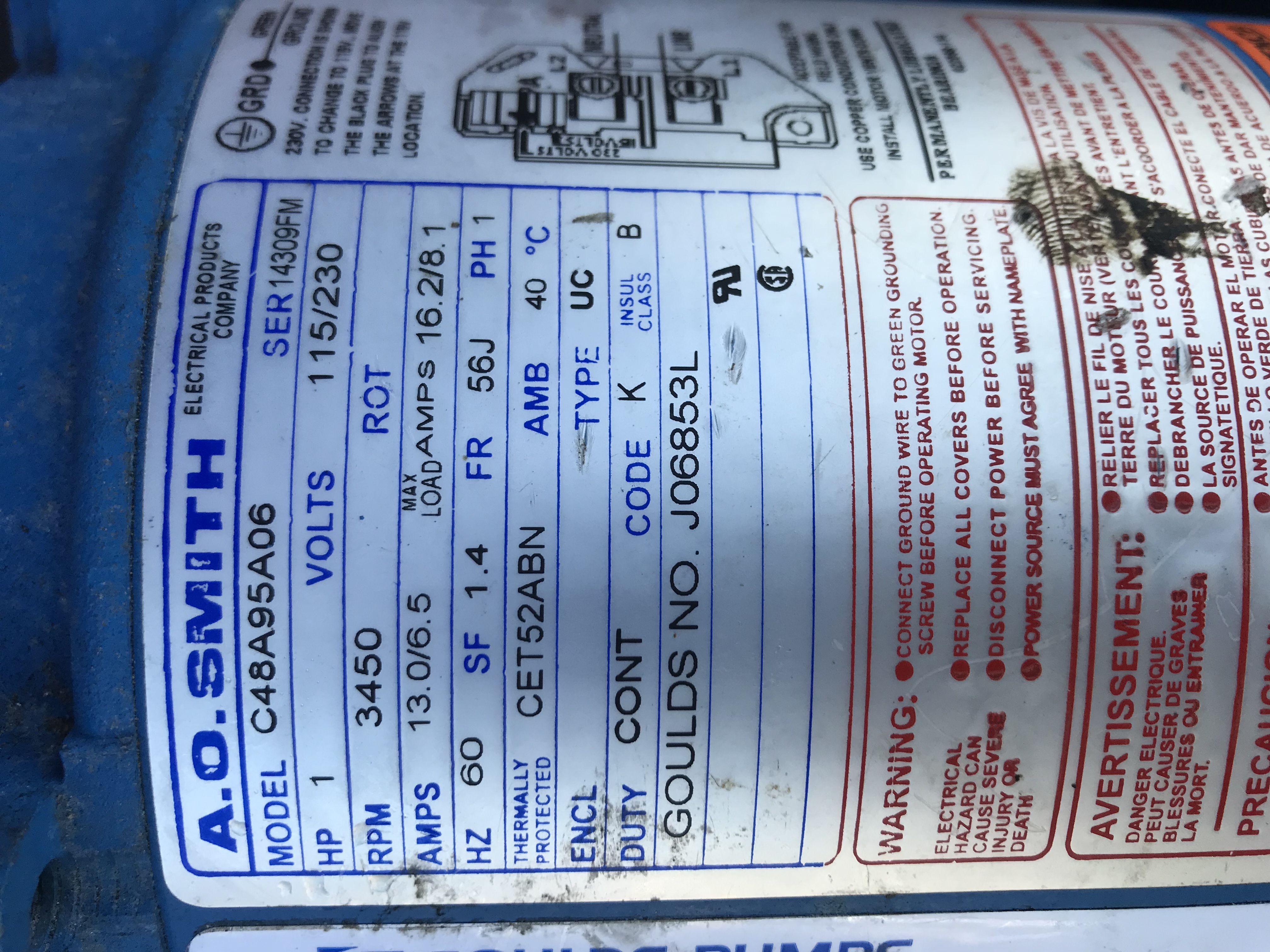 A.O. Smith 1 HP Round Flange 56J Up Rate Motor - UST1102
