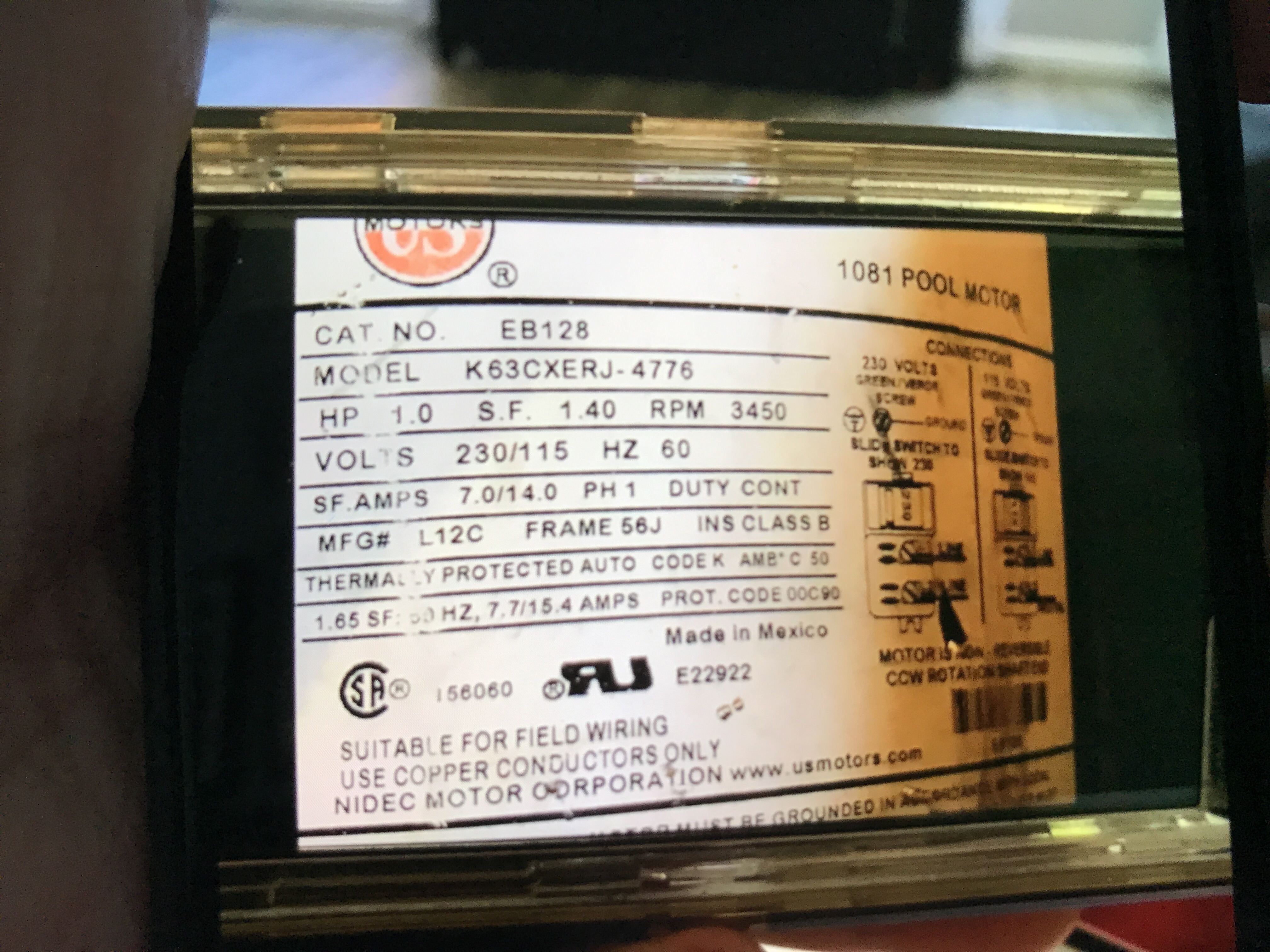 A.O. Smith Century® UST1102 - 1.0 HP Replacement Pool Pump Motor  Round Flange | 56J Frame | Single Speed