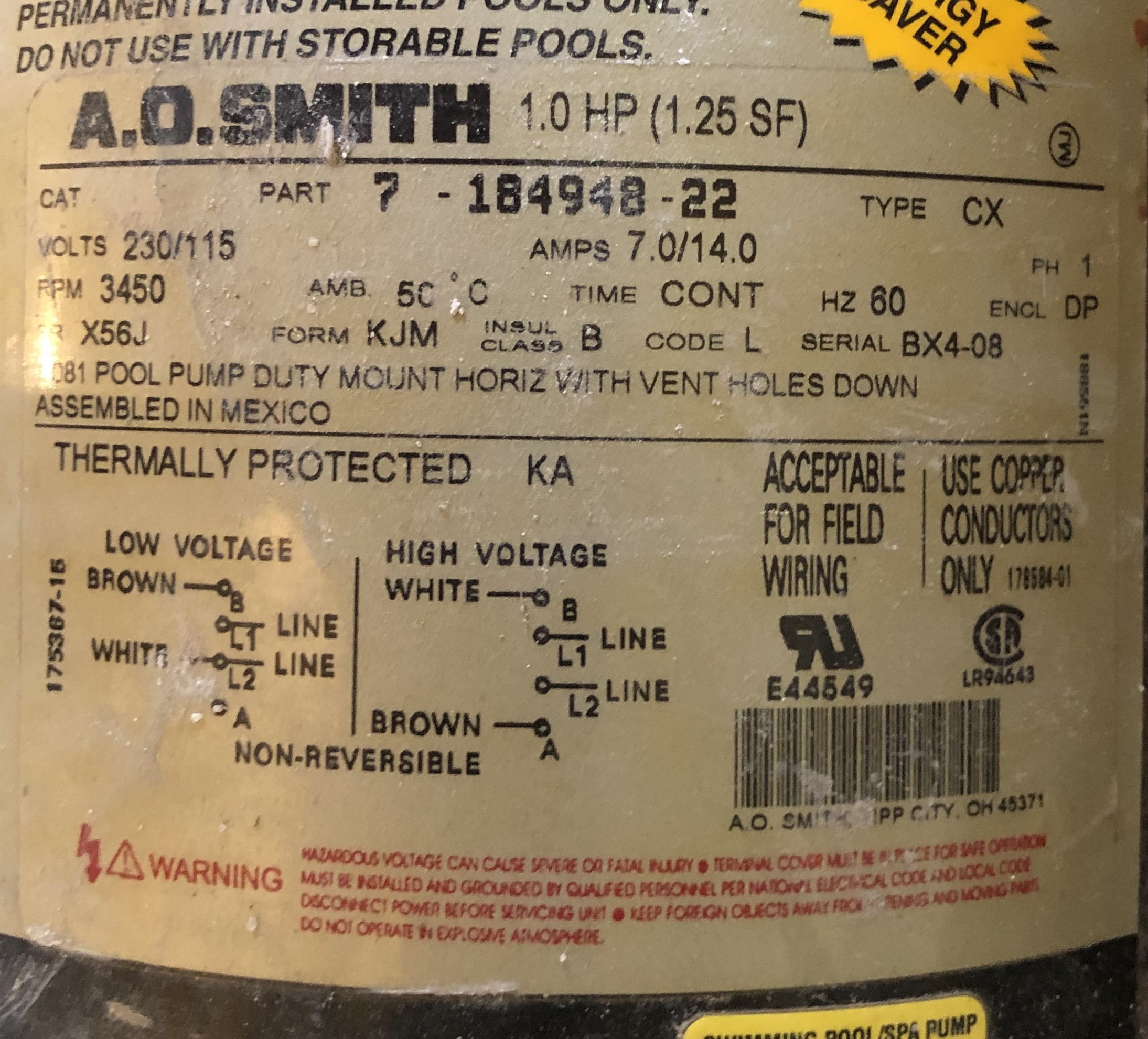 A.O. Smith Century® UST1102 - 1.0 HP Replacement Pool Pump Motor  Round Flange | 56J Frame | Single Speed