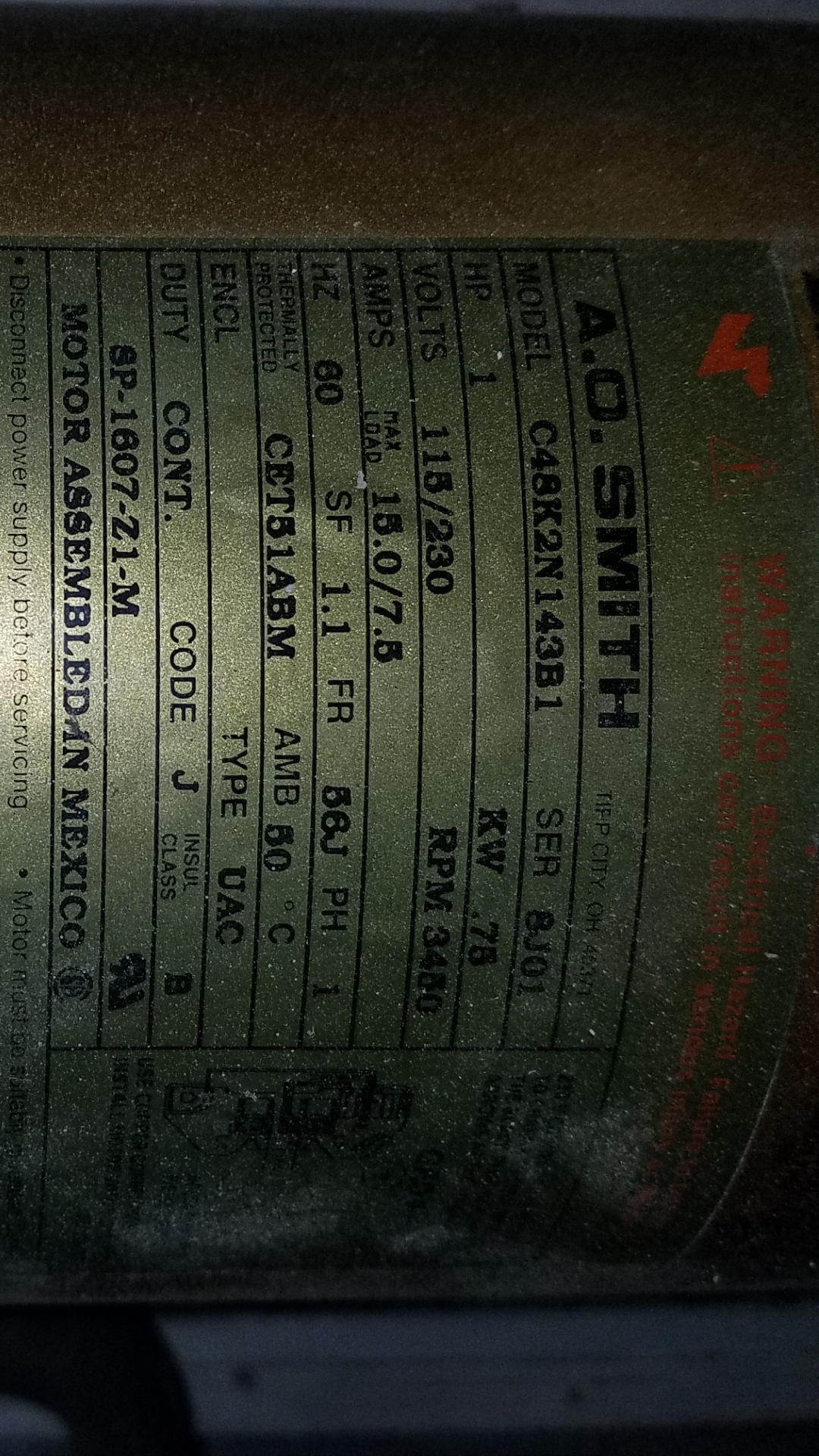 A.O. Smith Century® UST1102 - 1.0 HP Replacement Pool Pump Motor  Round Flange | 56J Frame | Single Speed