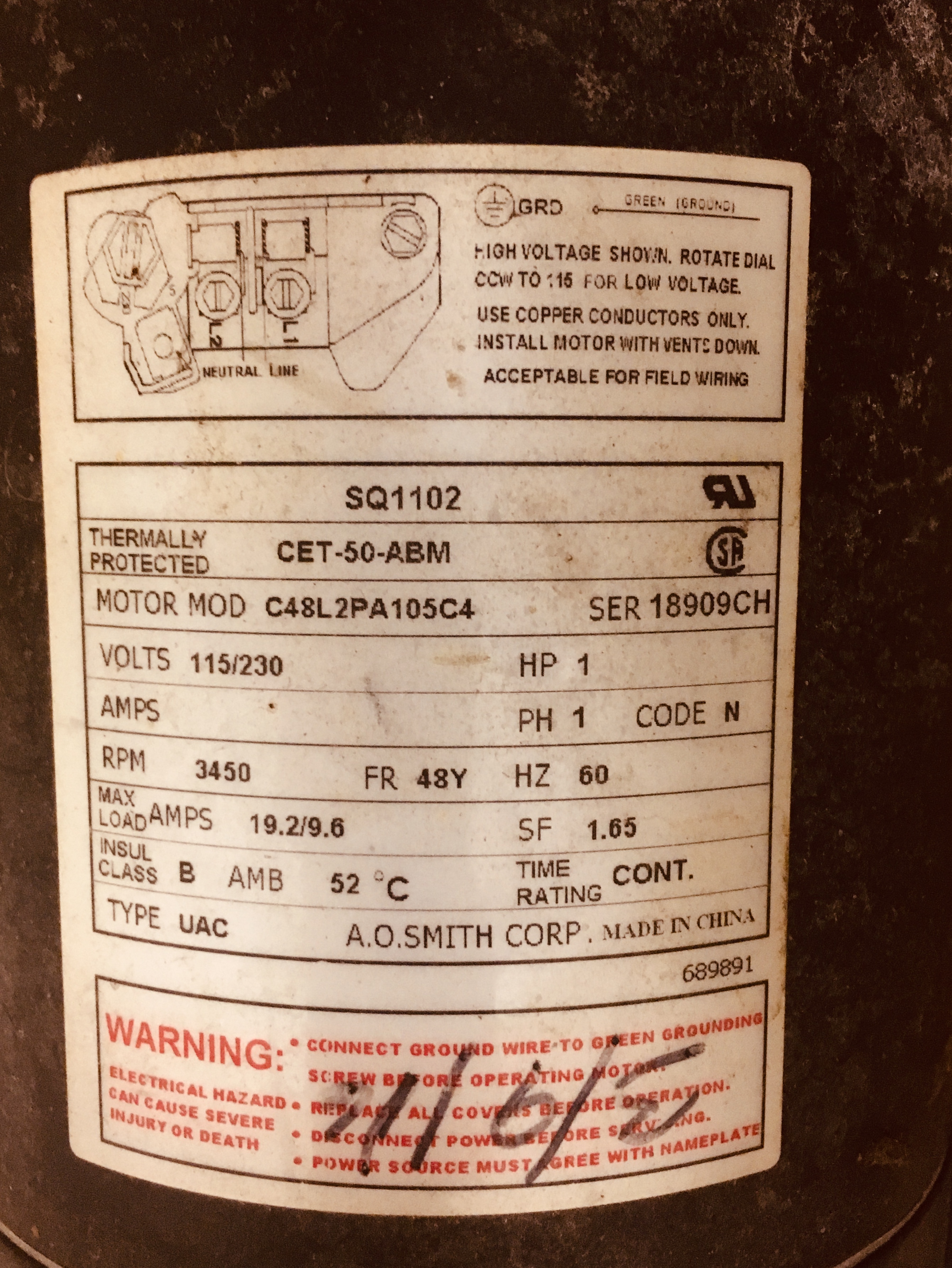 A.O. Smith Century® 1.0 HP Up-Rated Pool Pump Motor - USQ1102  Single Speed | Square Flange | 48Y Frame