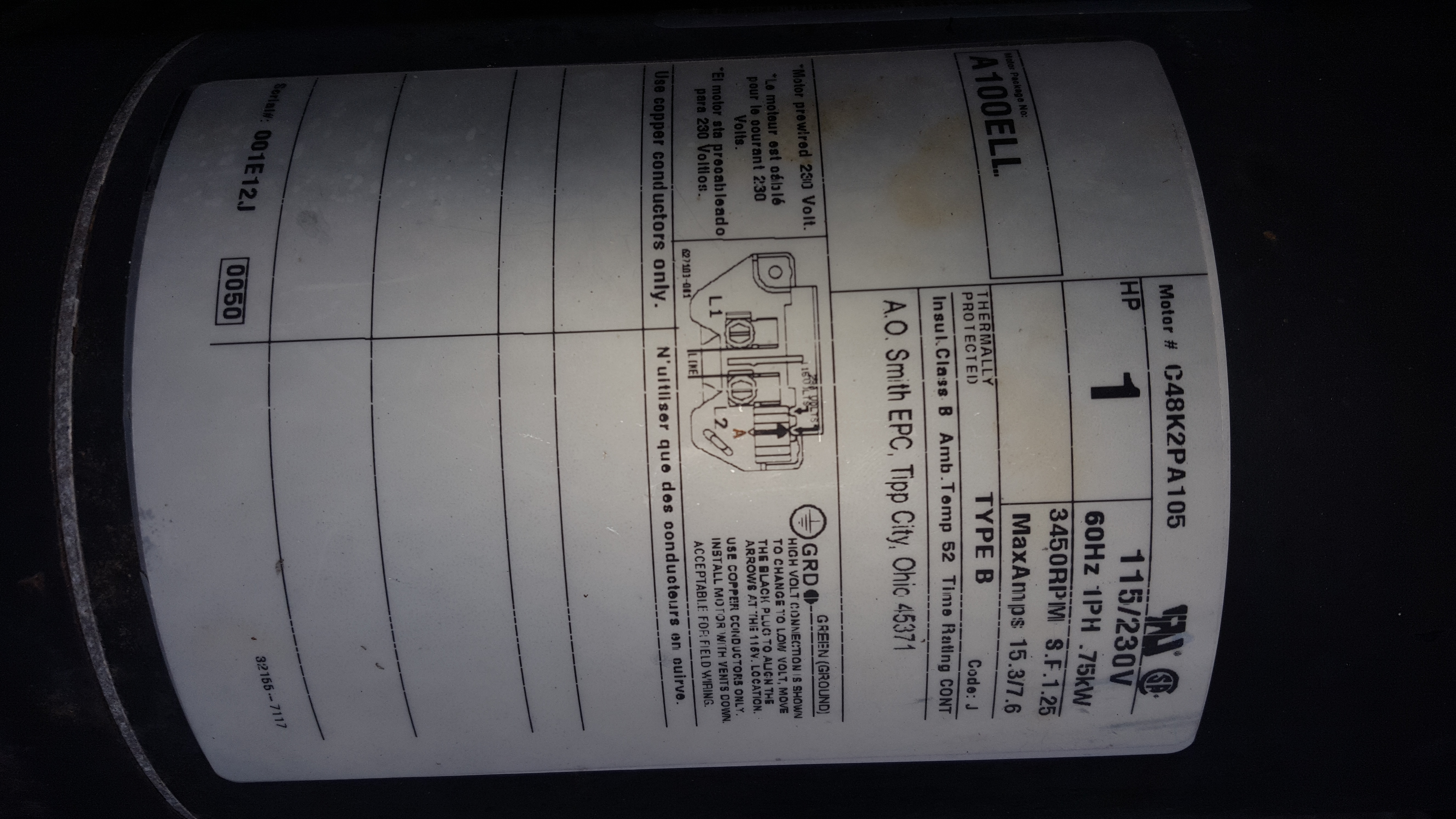 A.O. Smith Century® 1.0 HP Up-Rated Pool Pump Motor - USQ1102  Single Speed | Square Flange | 48Y Frame