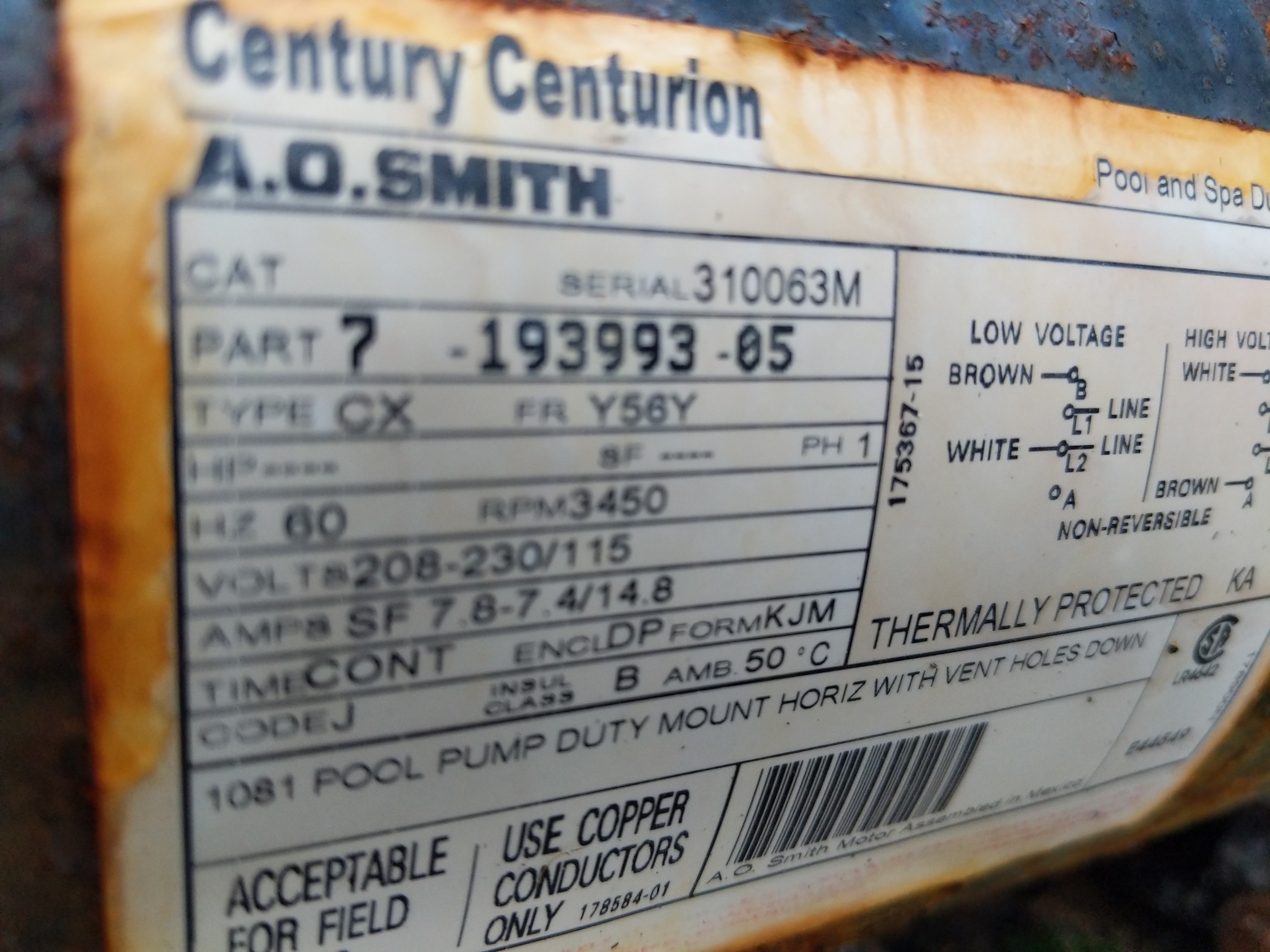 Century (A.O. Smith) 1.0 HP Full Rate EE Motor, Square Flange 56Y Frame, Single Speed - Model B2841V1