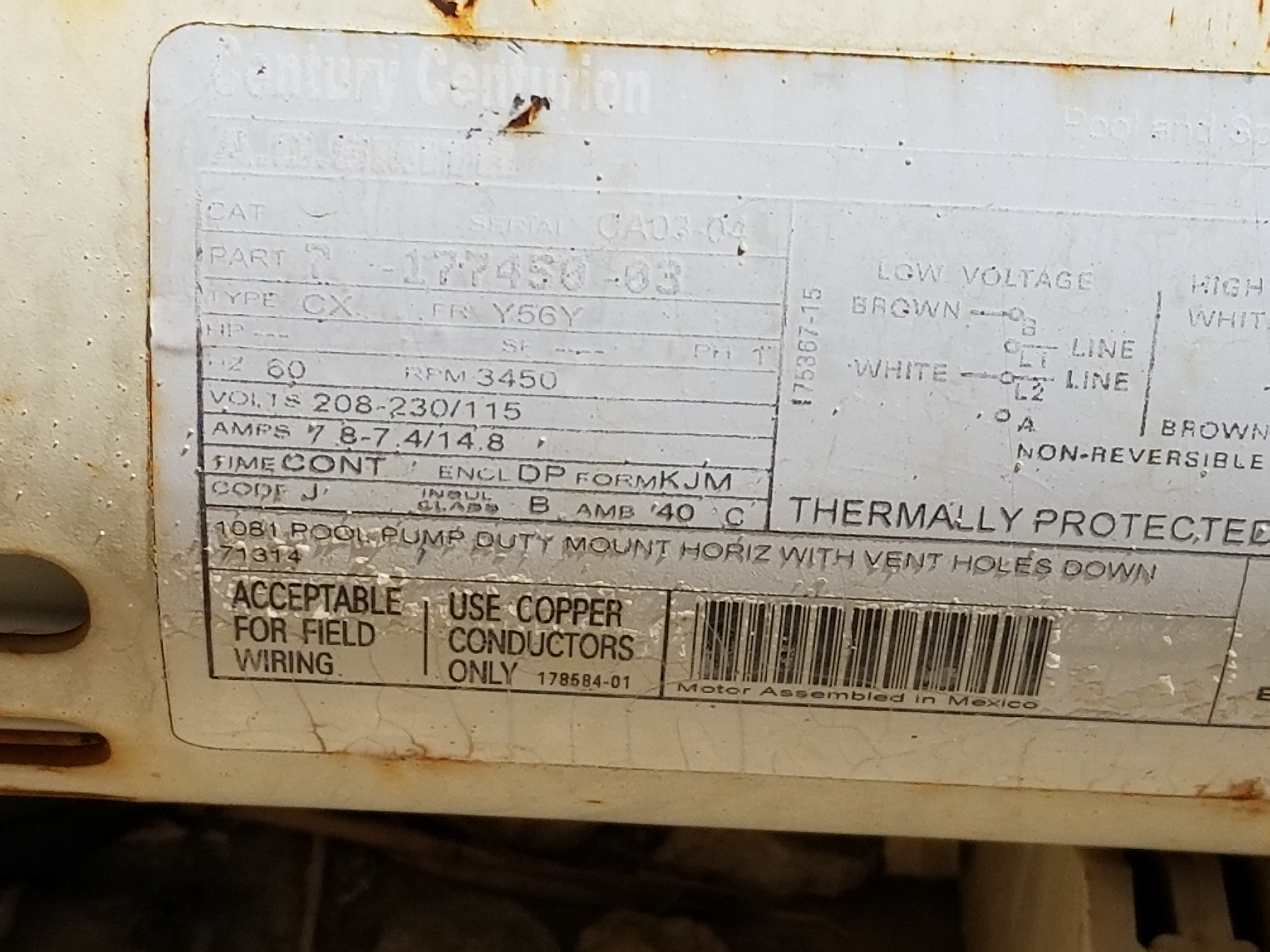 Century (A.O. Smith) 1.0 HP Full Rate EE Motor, Square Flange 56Y Frame, Single Speed - Model B2841V1