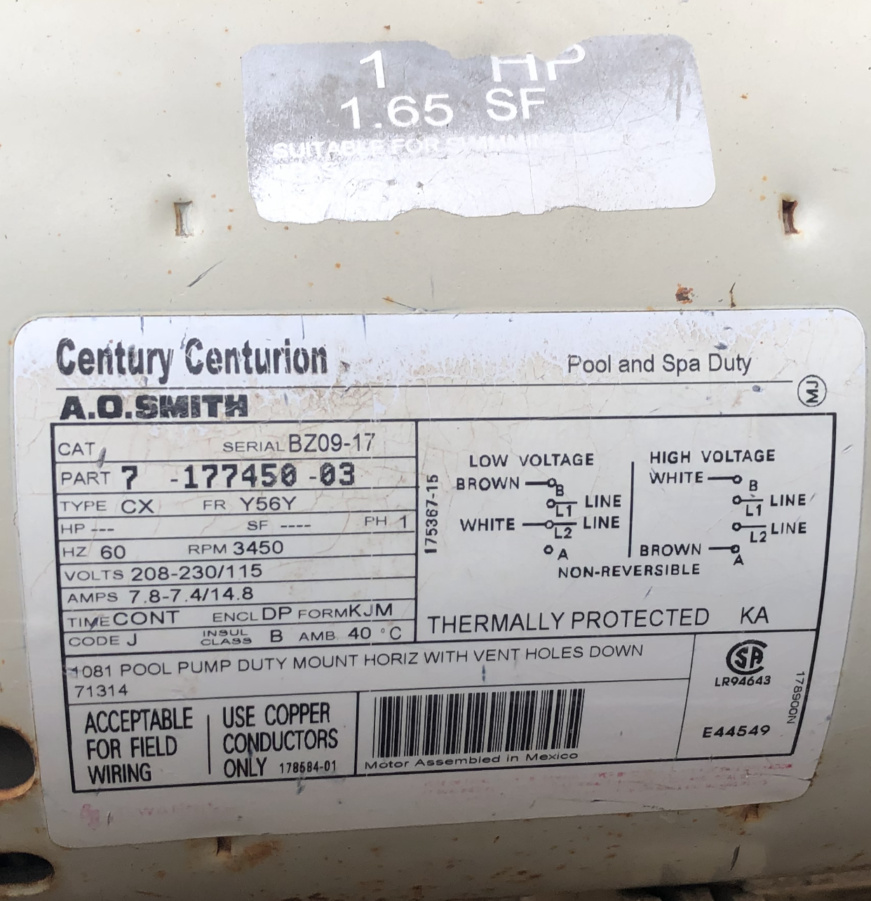 Century (A.O. Smith) 1.0 HP Full Rate EE Motor, Square Flange 56Y Frame, Single Speed - Model B2841V1