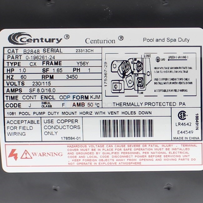 Century (A.O. Smith) 1.0 HP Full Rate Motor, Square Flange 56Y Frame, Single Speed - Model B2848