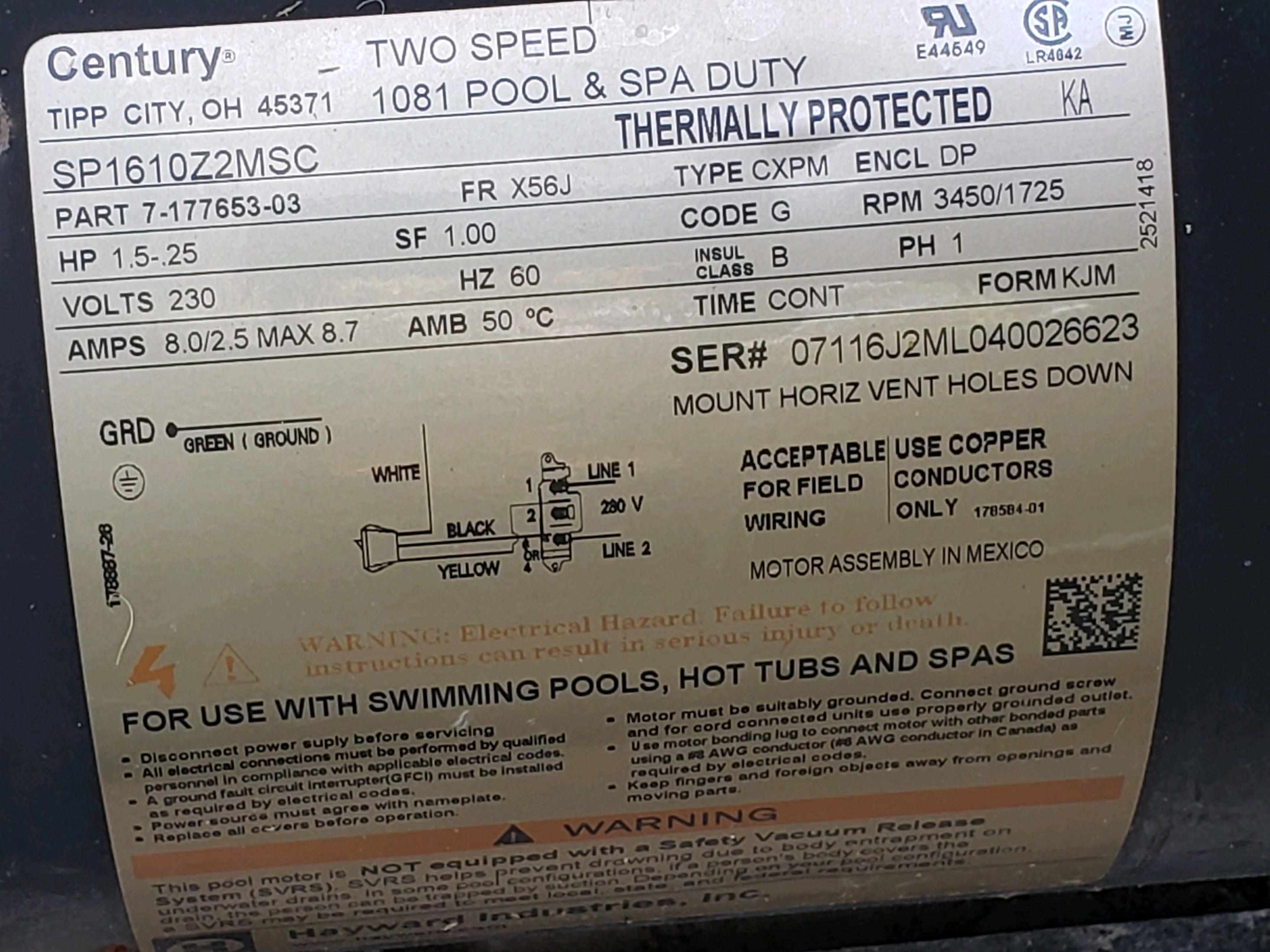 Century (A.O. Smith) 1.5 HP Up Rate Energy Efficient Motor, Round Flange 56J Frame, Single Speed - Model UCT1152