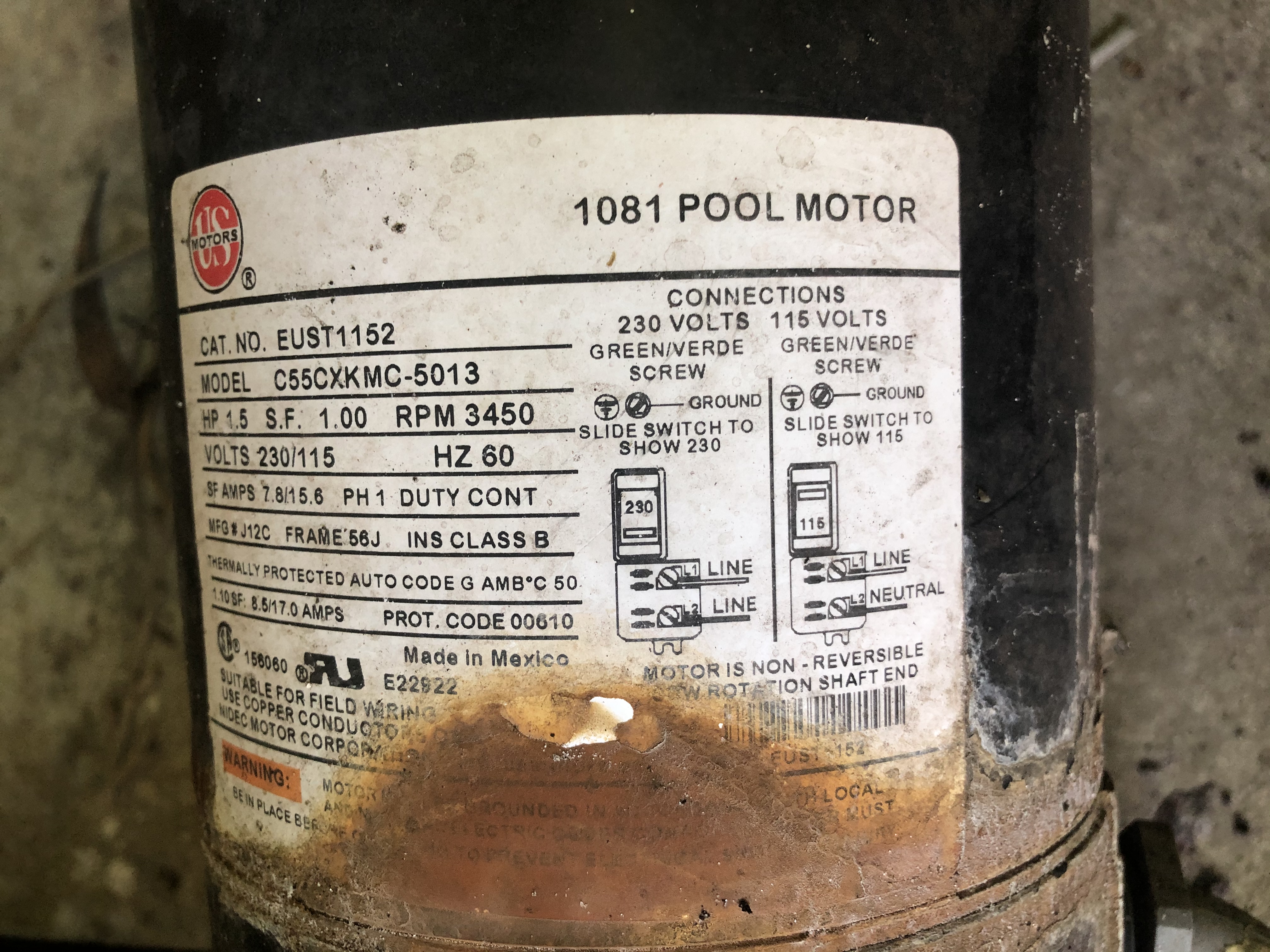 A.O. Smith Century® UST1152 - 1.5 HP Replacement Pool Pump Motor  Round Flange | 56J Frame | Single Speed