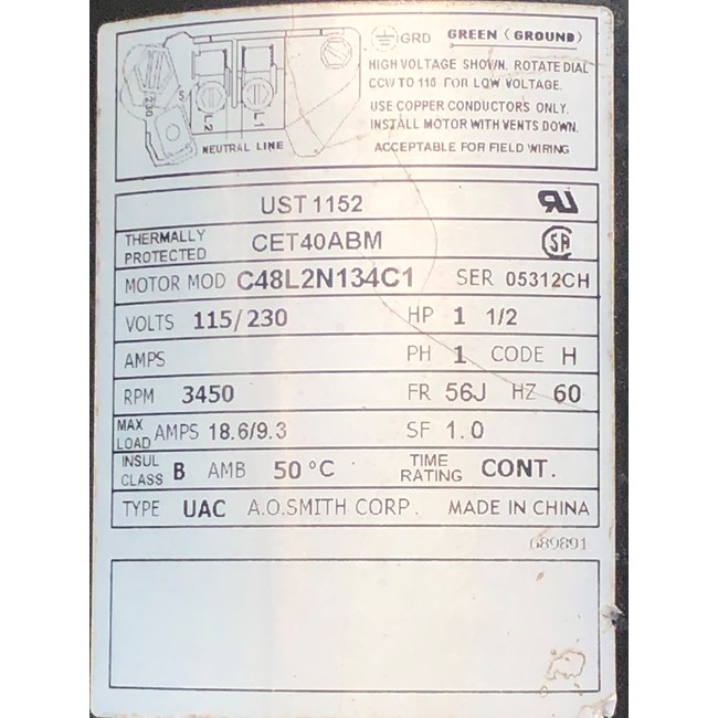 A.O. Smith Century® UST1152 - 1.5 HP Replacement Pool Pump Motor  Round Flange | 56J Frame | Single Speed