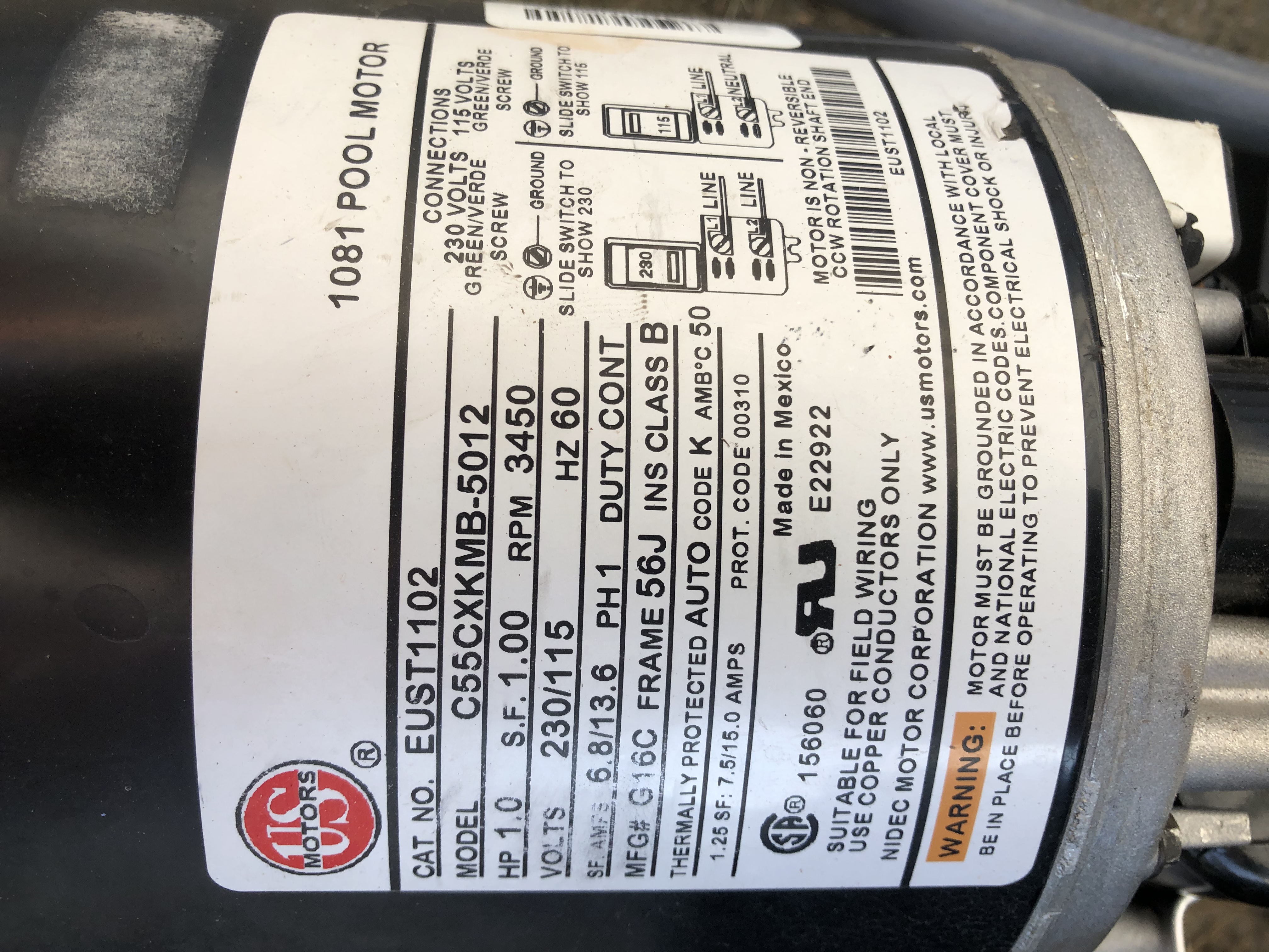 A.O. Smith Century® UST1152 - 1.5 HP Replacement Pool Pump Motor  Round Flange | 56J Frame | Single Speed