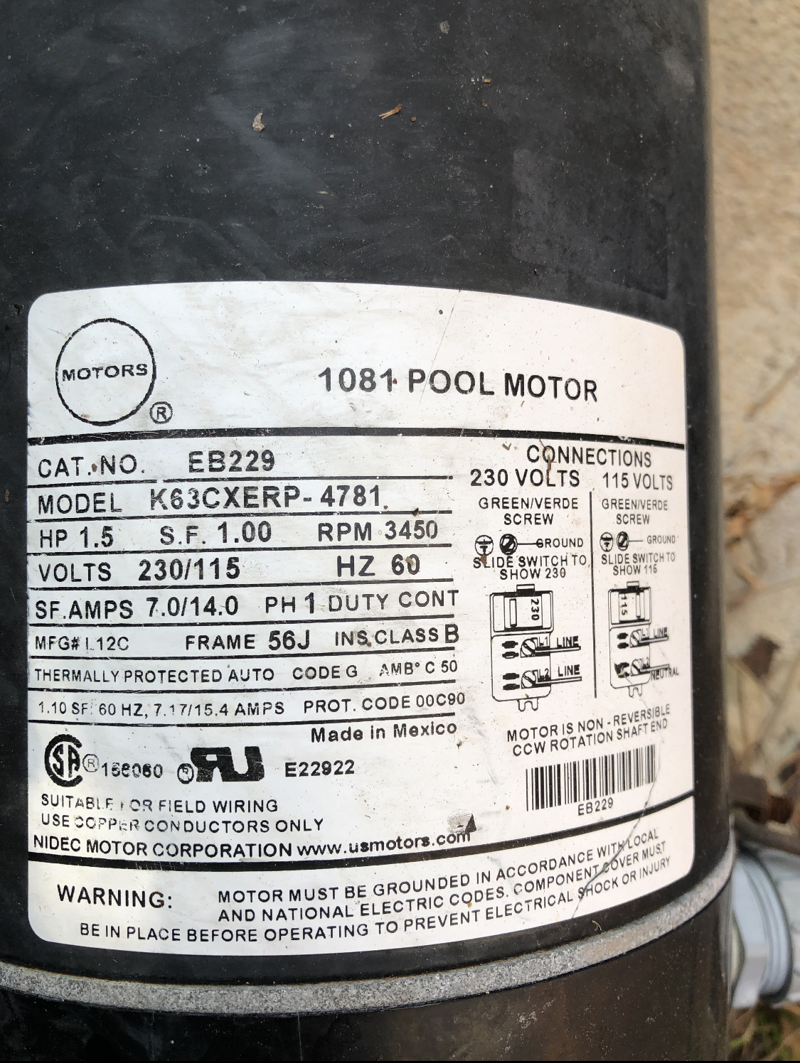 A.O. Smith Century® UST1152 - 1.5 HP Replacement Pool Pump Motor  Round Flange | 56J Frame | Single Speed