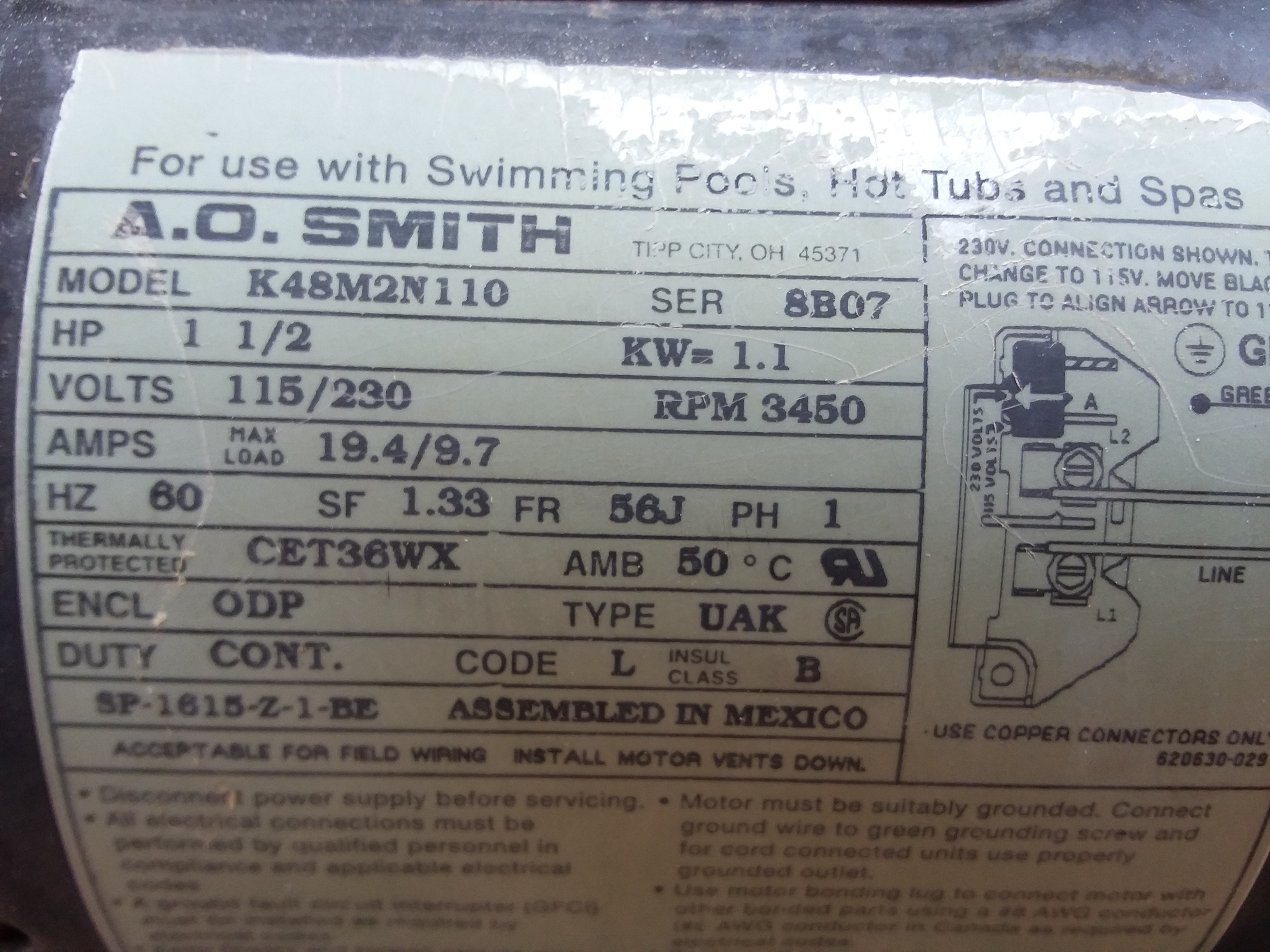 A.O. Smith Century® UST1152 - 1.5 HP Replacement Pool Pump Motor  Round Flange | 56J Frame | Single Speed