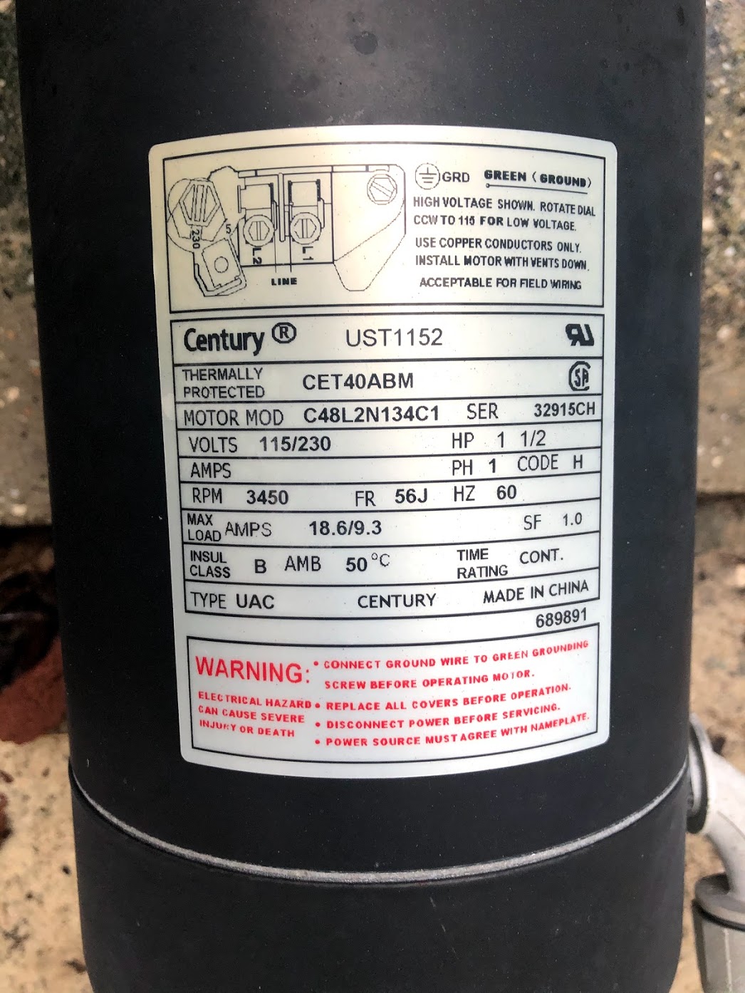 A.O. Smith Century® UST1152 - 1.5 HP Replacement Pool Pump Motor  Round Flange | 56J Frame | Single Speed