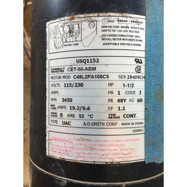A.O. Smith Century 1.5 HP Square Flange 48Y Up Rate EE Motor - UQC1152