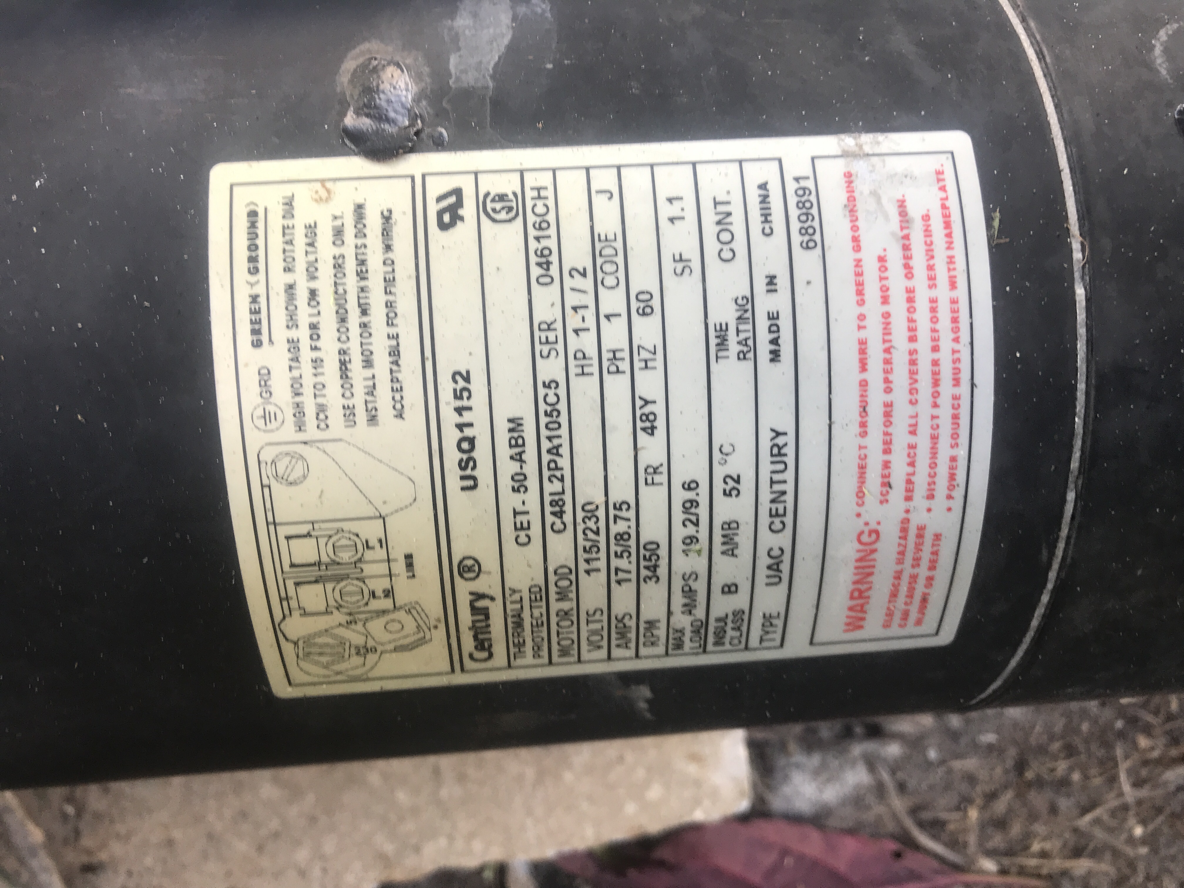 Century® (A.O. Smith) 1.5 HP Up-Rate Pool Pump Motor - USQ1152  Square Flange | 48Y Frame | Single Speed