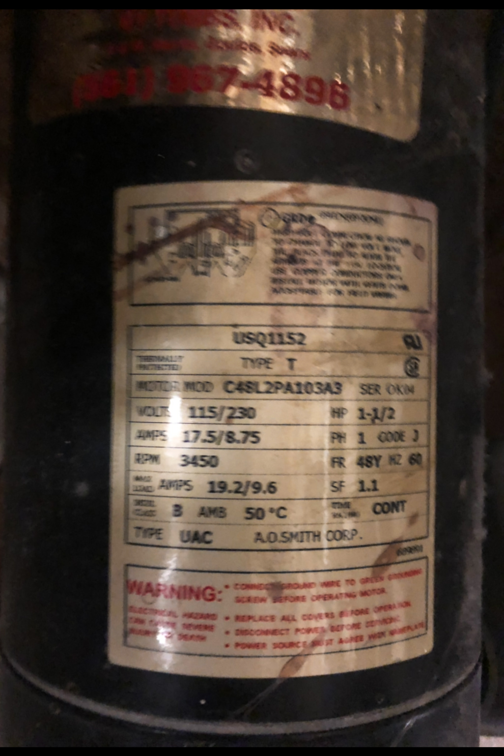 Century® (A.O. Smith) 1.5 HP Up-Rate Pool Pump Motor - USQ1152  Square Flange | 48Y Frame | Single Speed