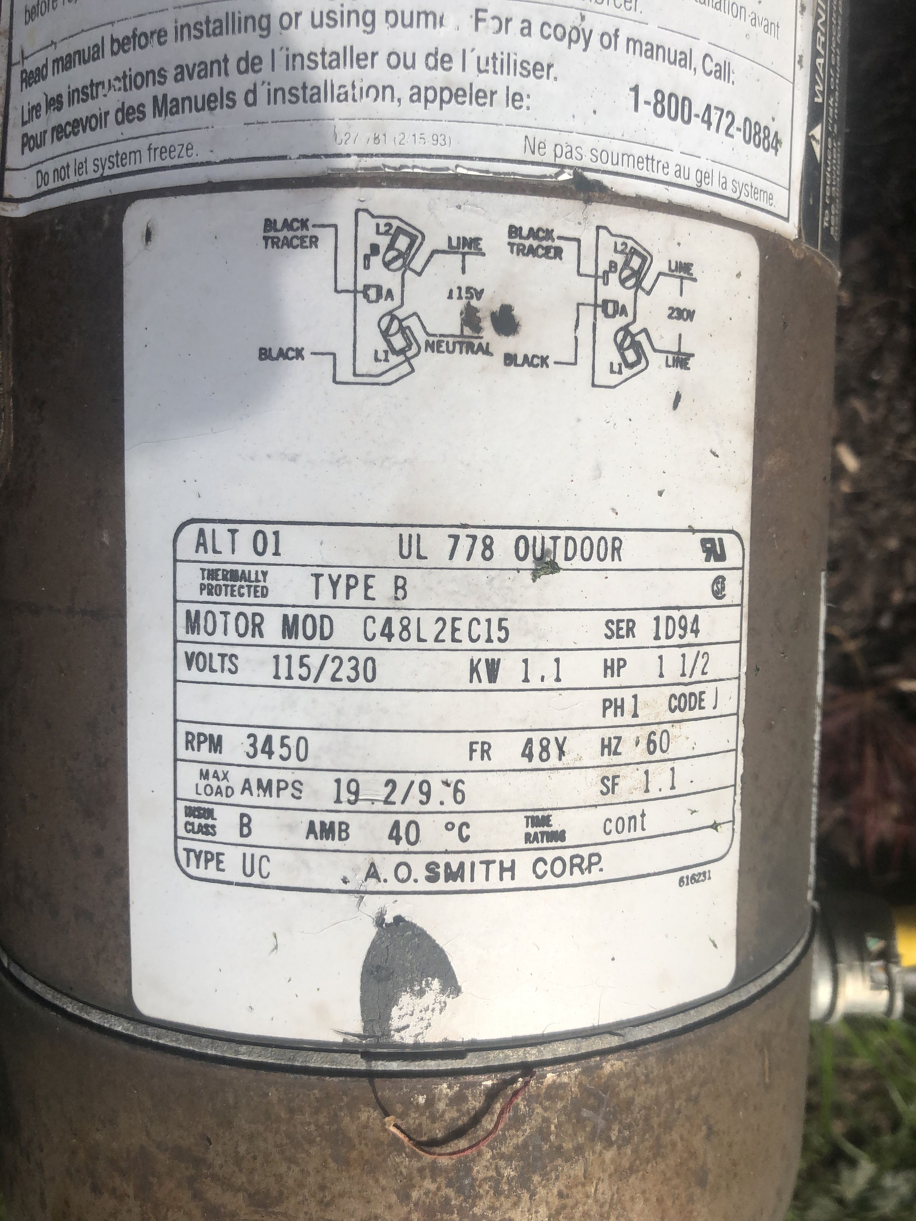 Century® (A.O. Smith) 1.5 HP Up-Rate Pool Pump Motor - USQ1152  Square Flange | 48Y Frame | Single Speed