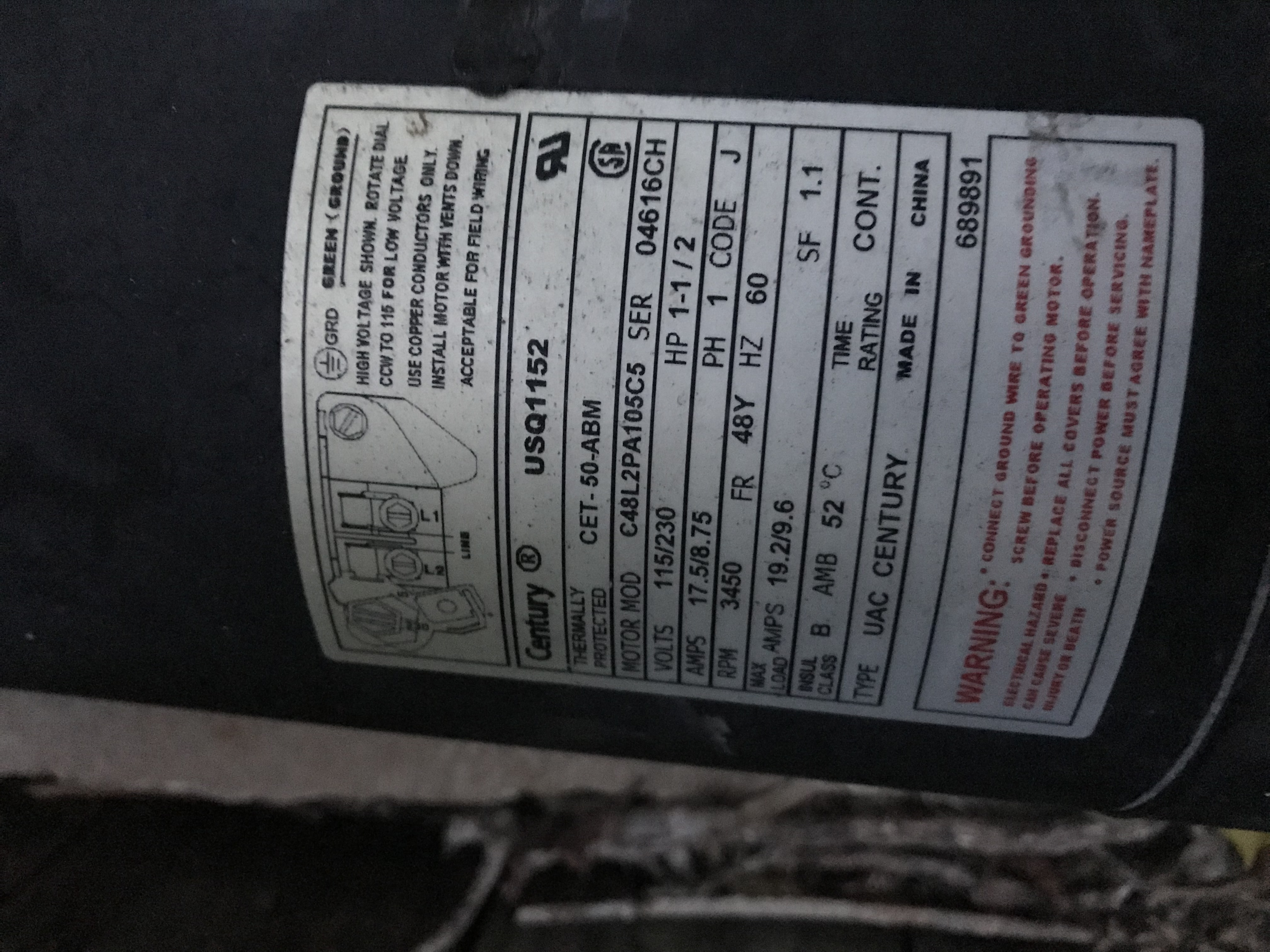 Century® (A.O. Smith) 1.5 HP Up-Rate Pool Pump Motor - USQ1152  Square Flange | 48Y Frame | Single Speed