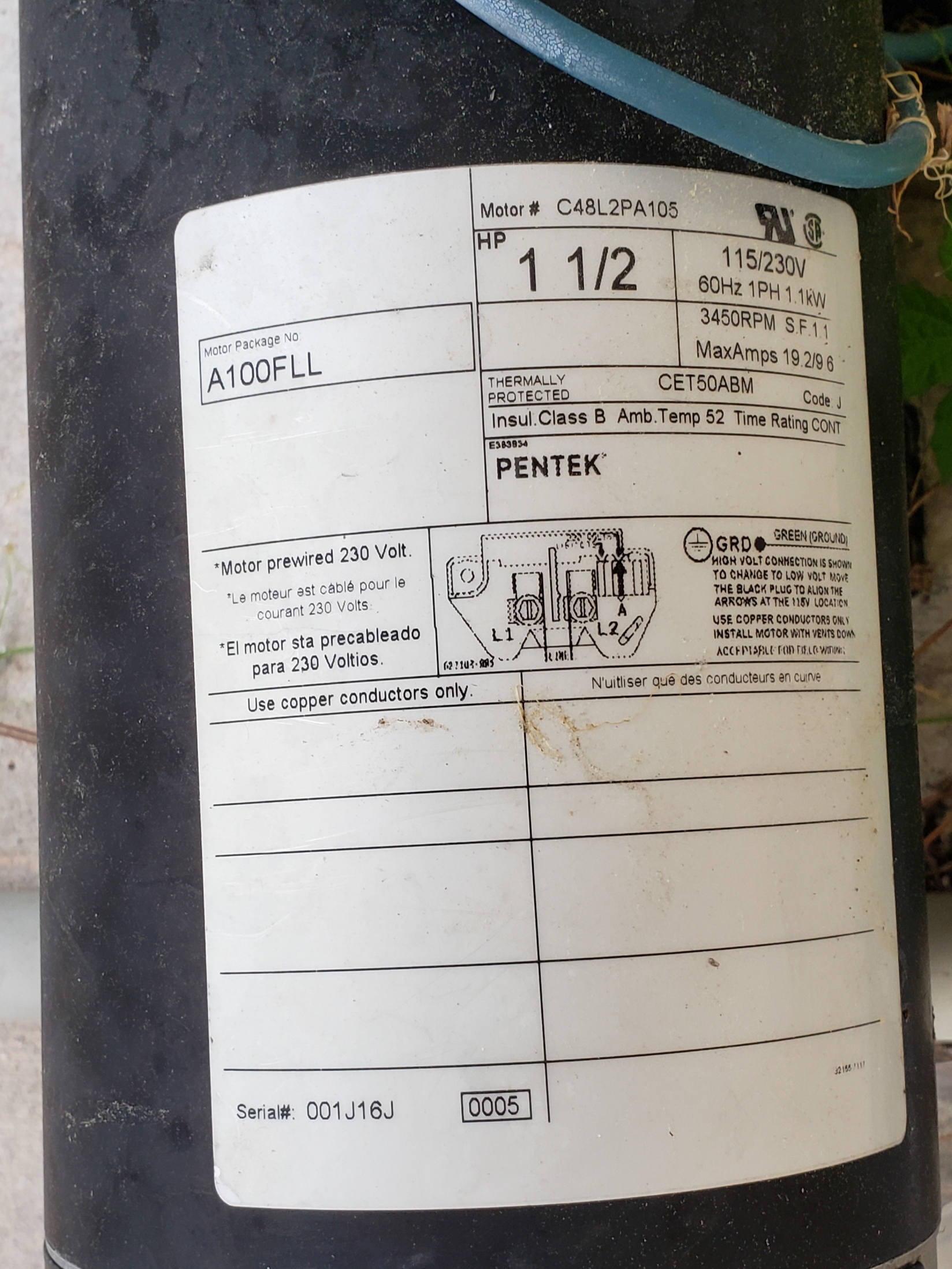 Century® (A.O. Smith) 1.5 HP Up-Rate Pool Pump Motor - USQ1152  Square Flange | 48Y Frame | Single Speed