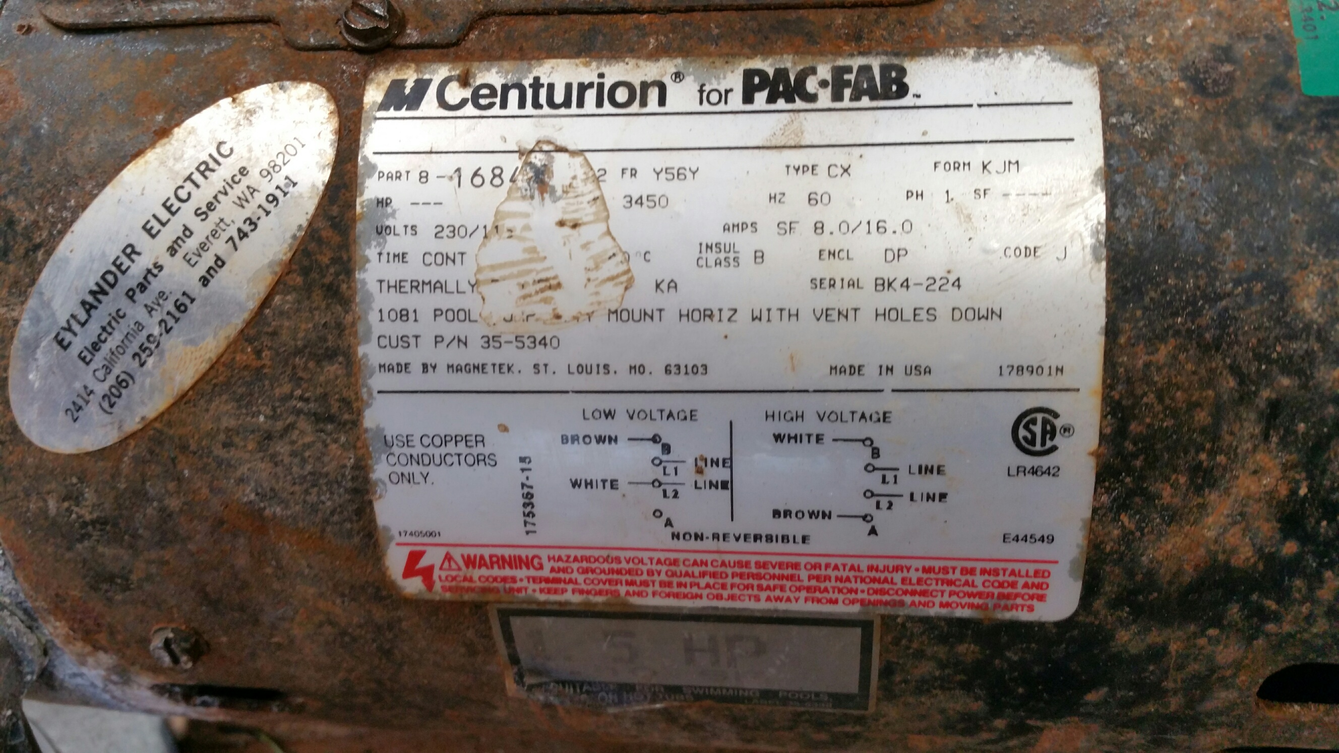 Century (A.O. Smith) 1.5 HP Full Rate Motor, Square Flange 56Y Frame, Single Speed - Model B2858