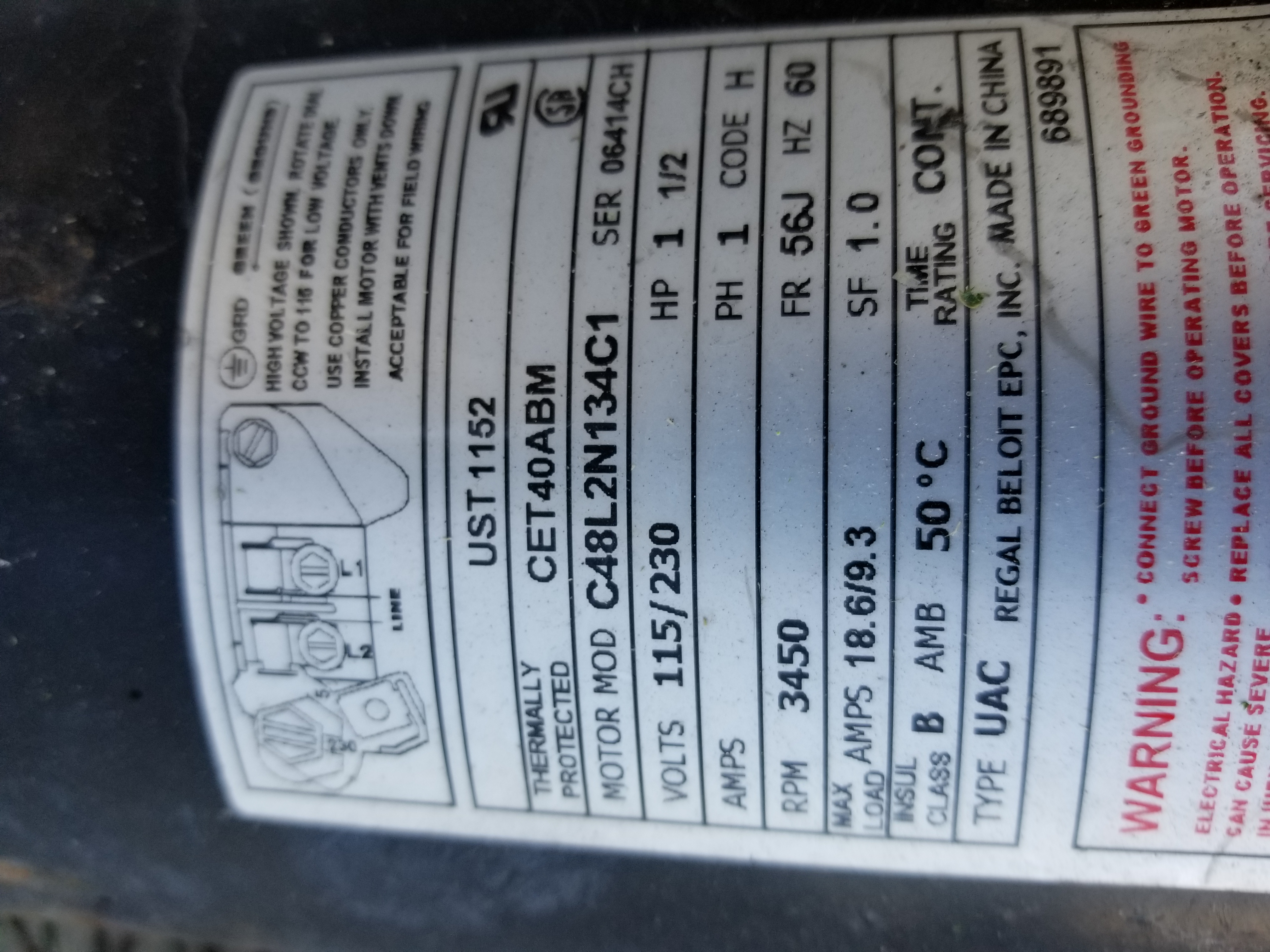 Century (A.O. Smith) 1.65 HP Motor, V-Green, Round Flange 56J, Variable Speed, 208-230V - Model ECM16CU (Discontinued)