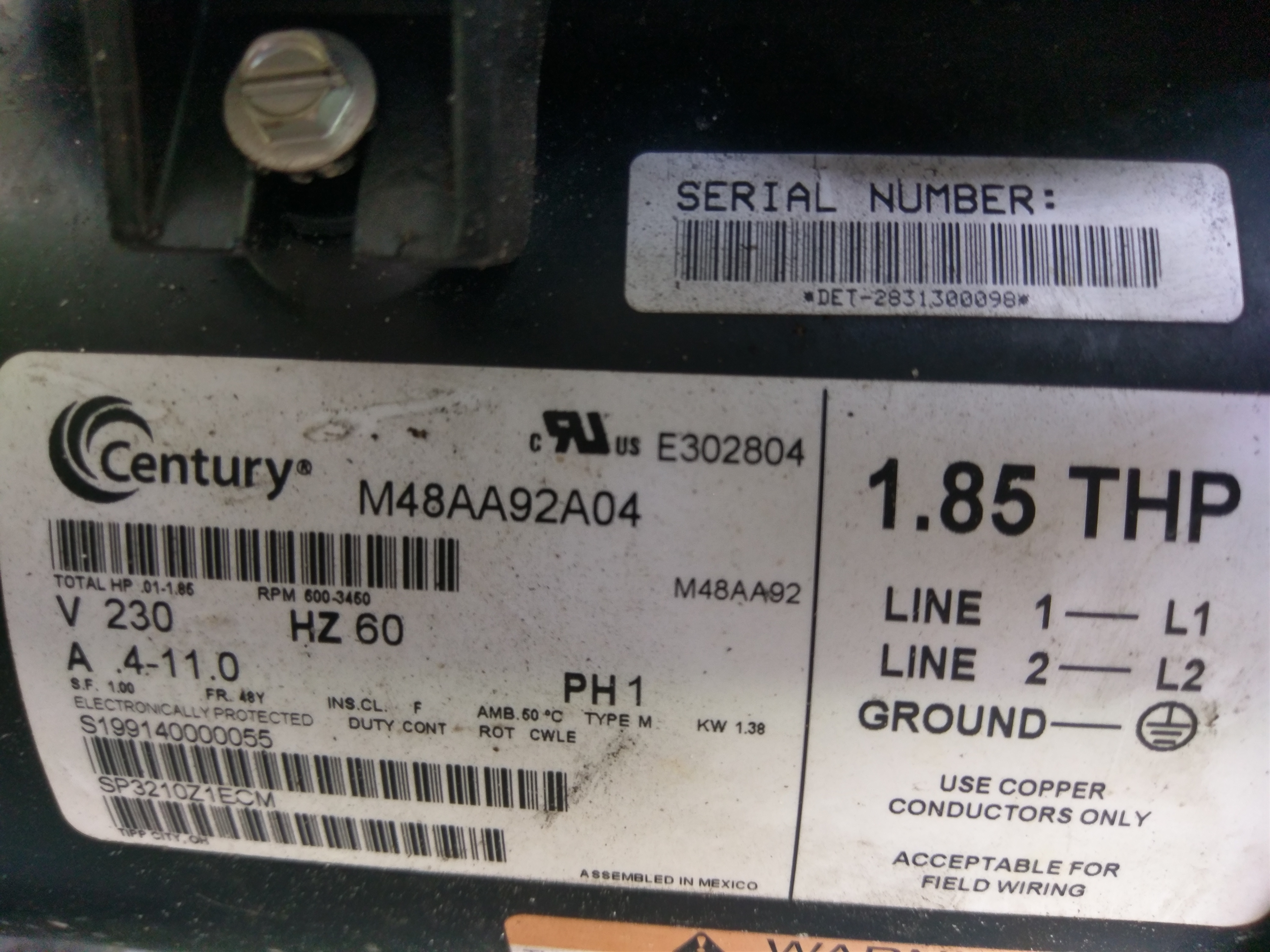 Century (A.O. Smith) 1.65 HP Motor, V-Green, Square Flange 48Y, Variable Speed - Model ECM16SQU
