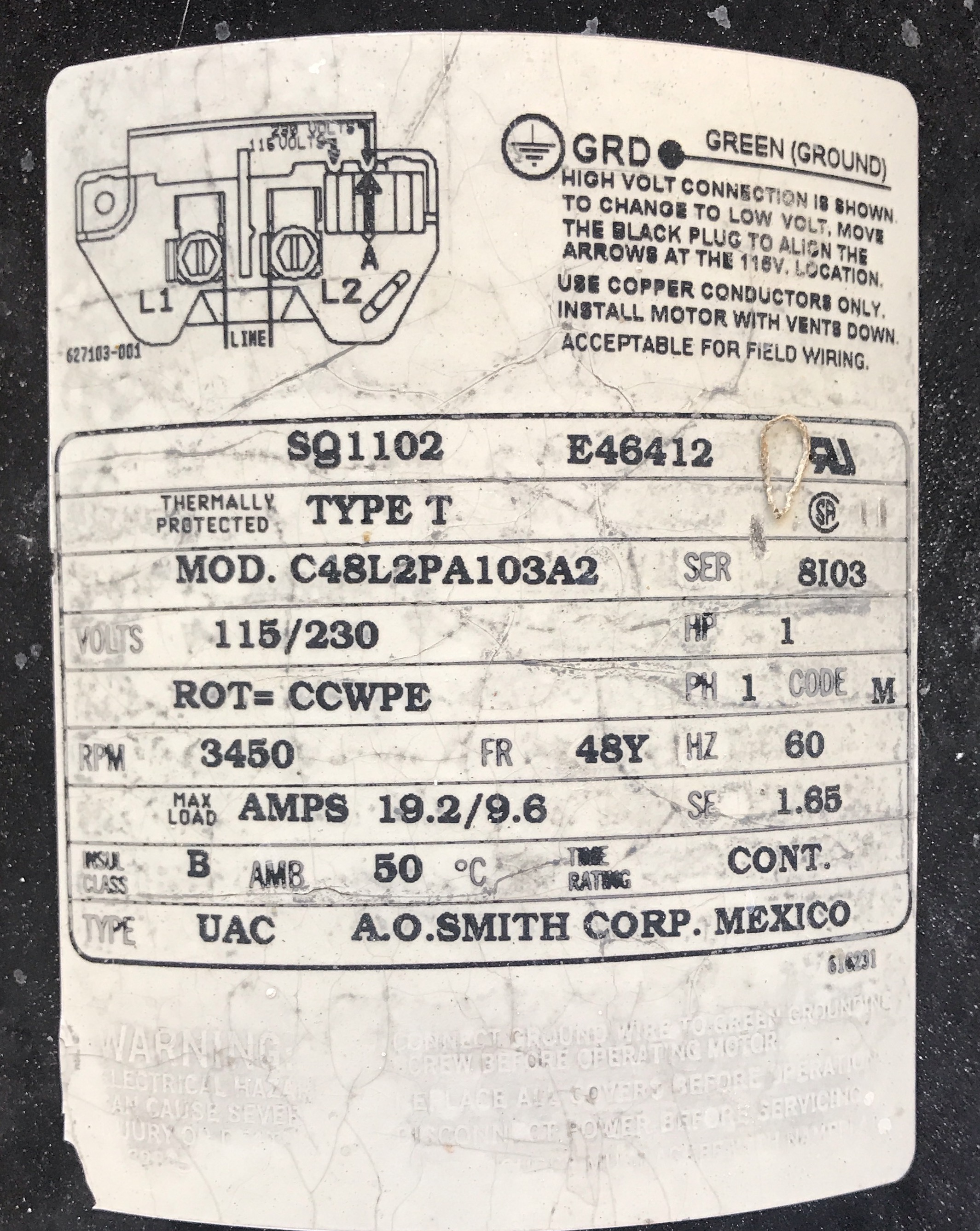 Century (A.O. Smith) 1.65 HP Motor, V-Green, Square Flange 48Y, Variable Speed - Model ECM16SQU
