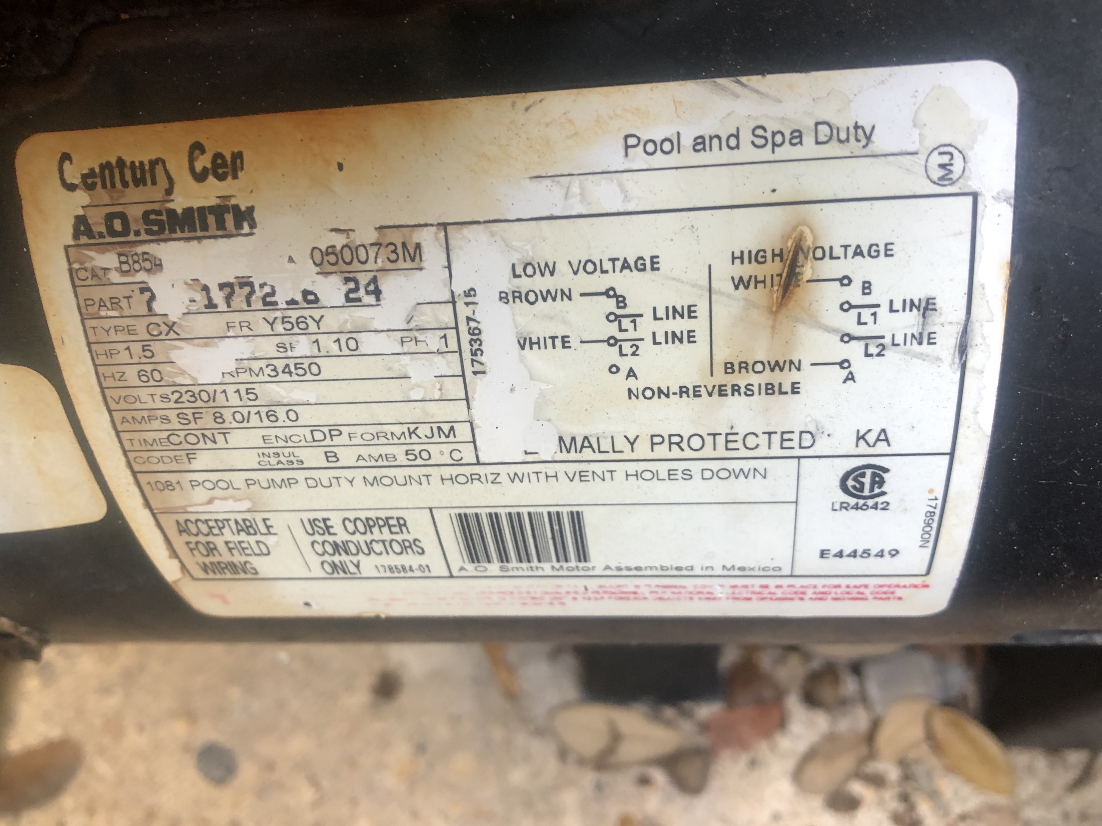 Century (A.O. Smith) 1.65 HP Motor, V-Green, Square Flange 48Y, Variable Speed - Model ECM16SQU