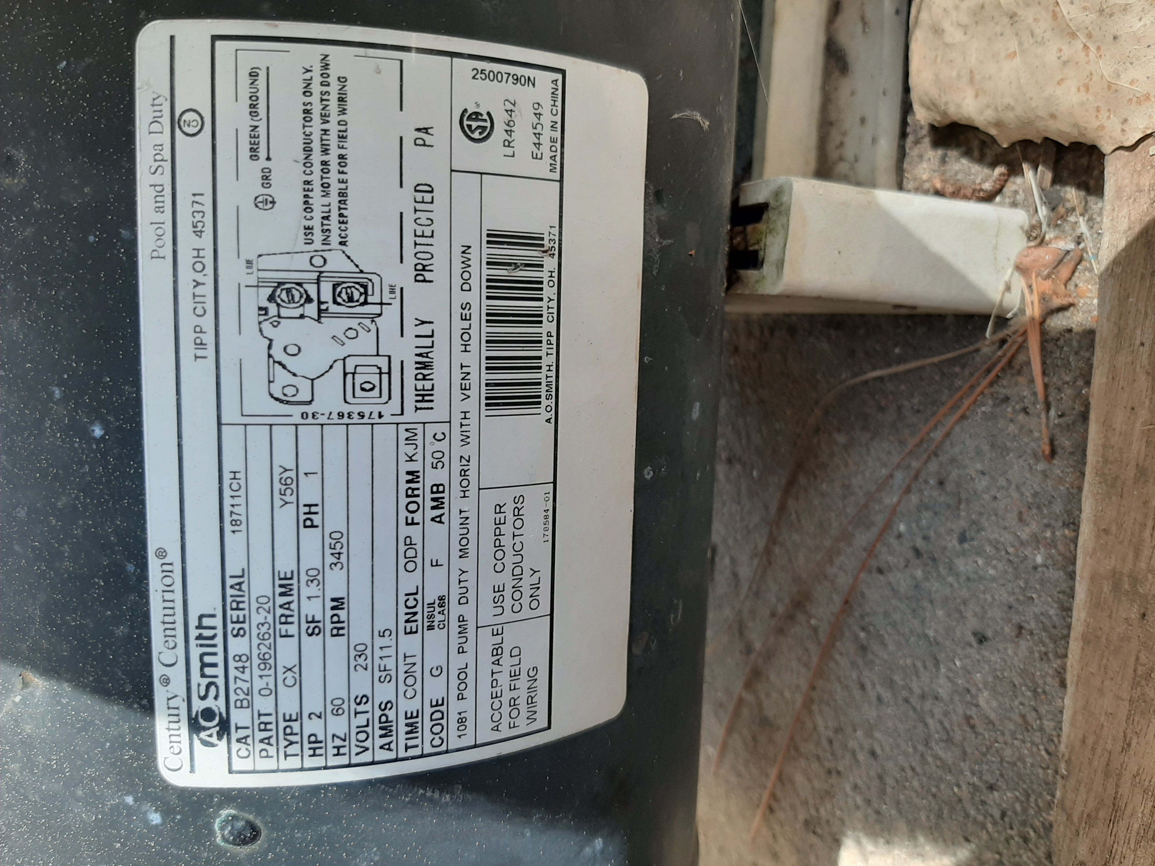 Century® (A.O. Smith) 2.0 HP Up-Rate Pool Pump Motor - USQ1202  Square Flange | 48Y Frame | Single Speed