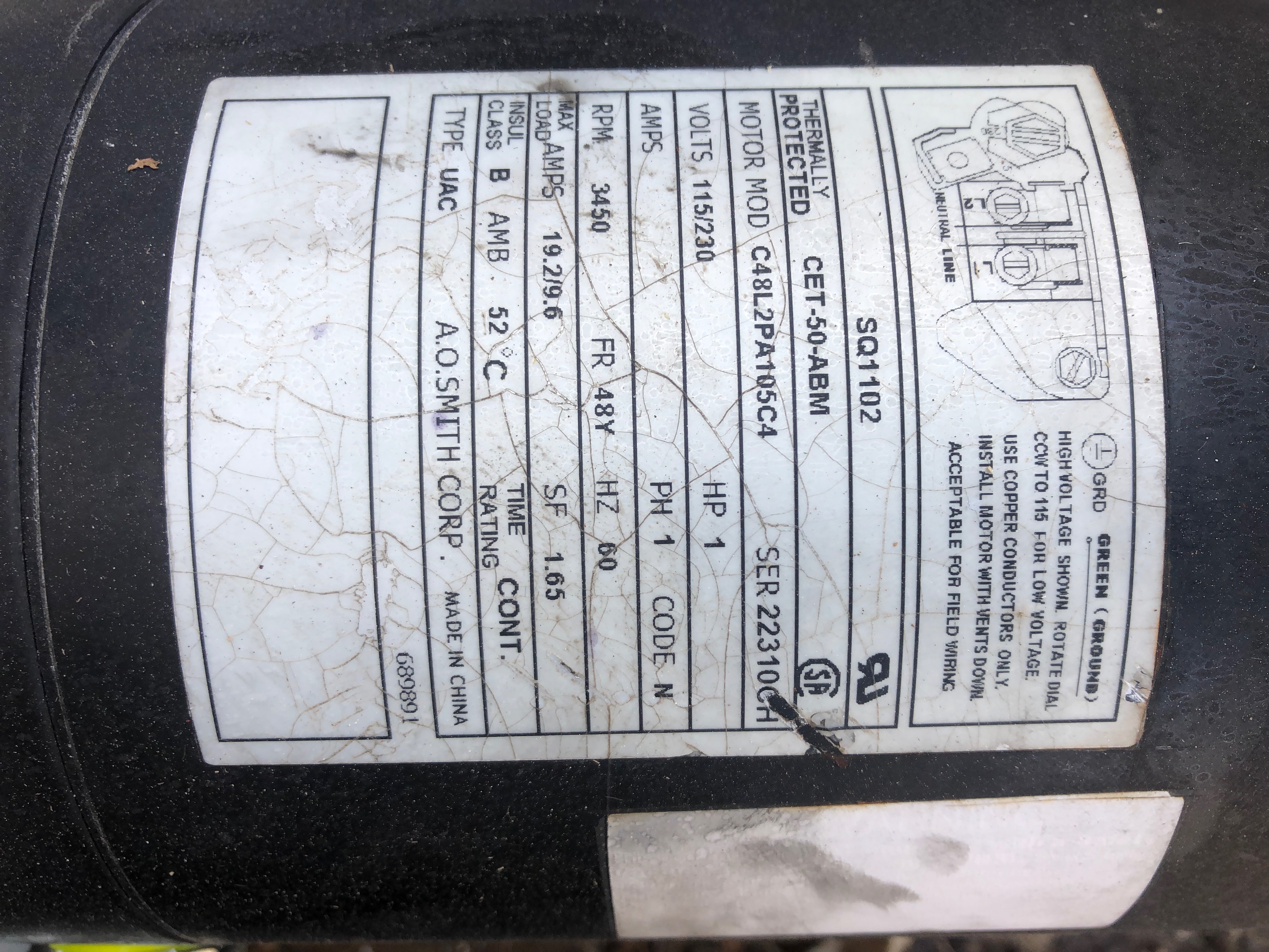 Century® (A.O. Smith) 2.0 HP Up-Rate Pool Pump Motor - USQ1202  Square Flange | 48Y Frame | Single Speed