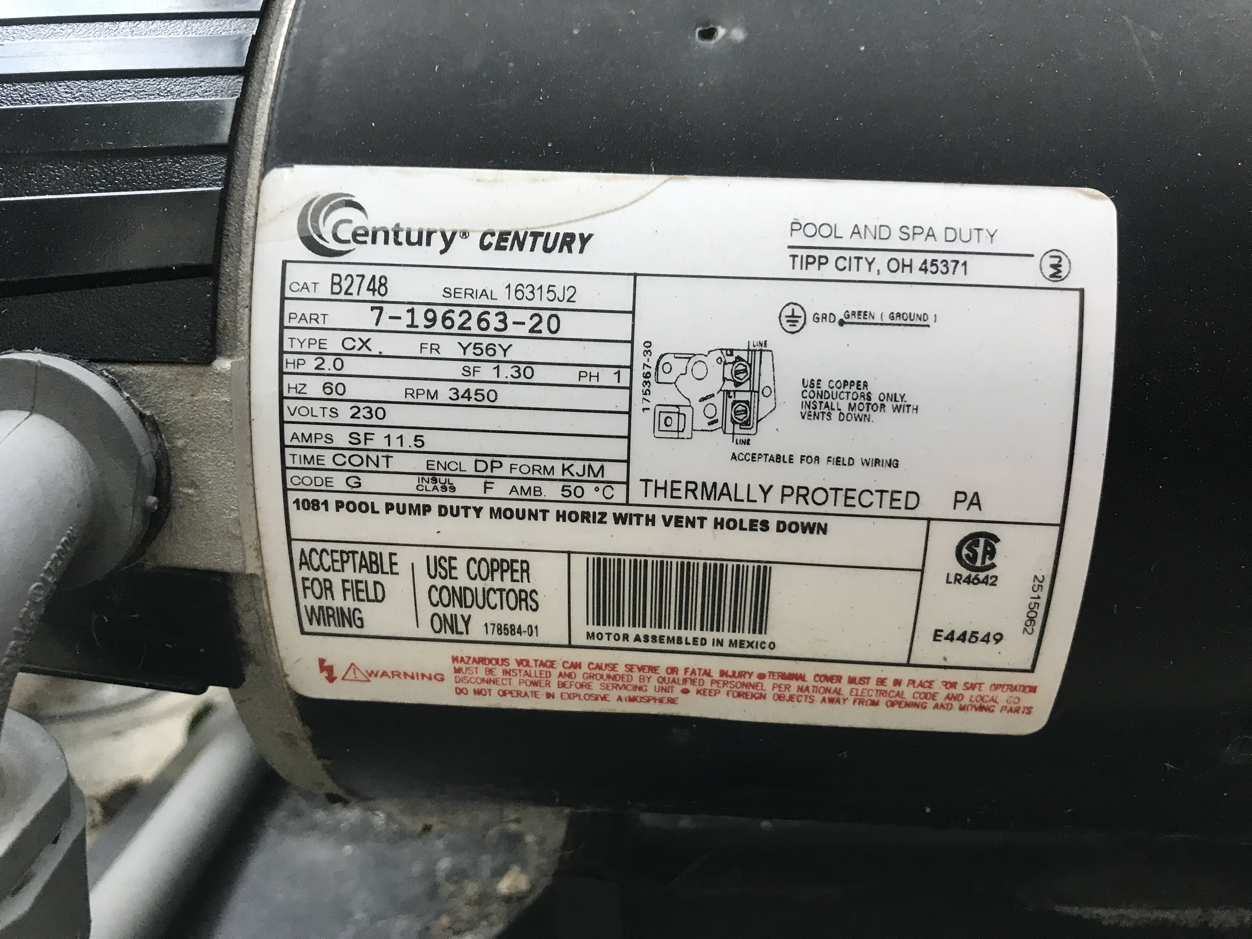 century 1081 pool pump duty motor part