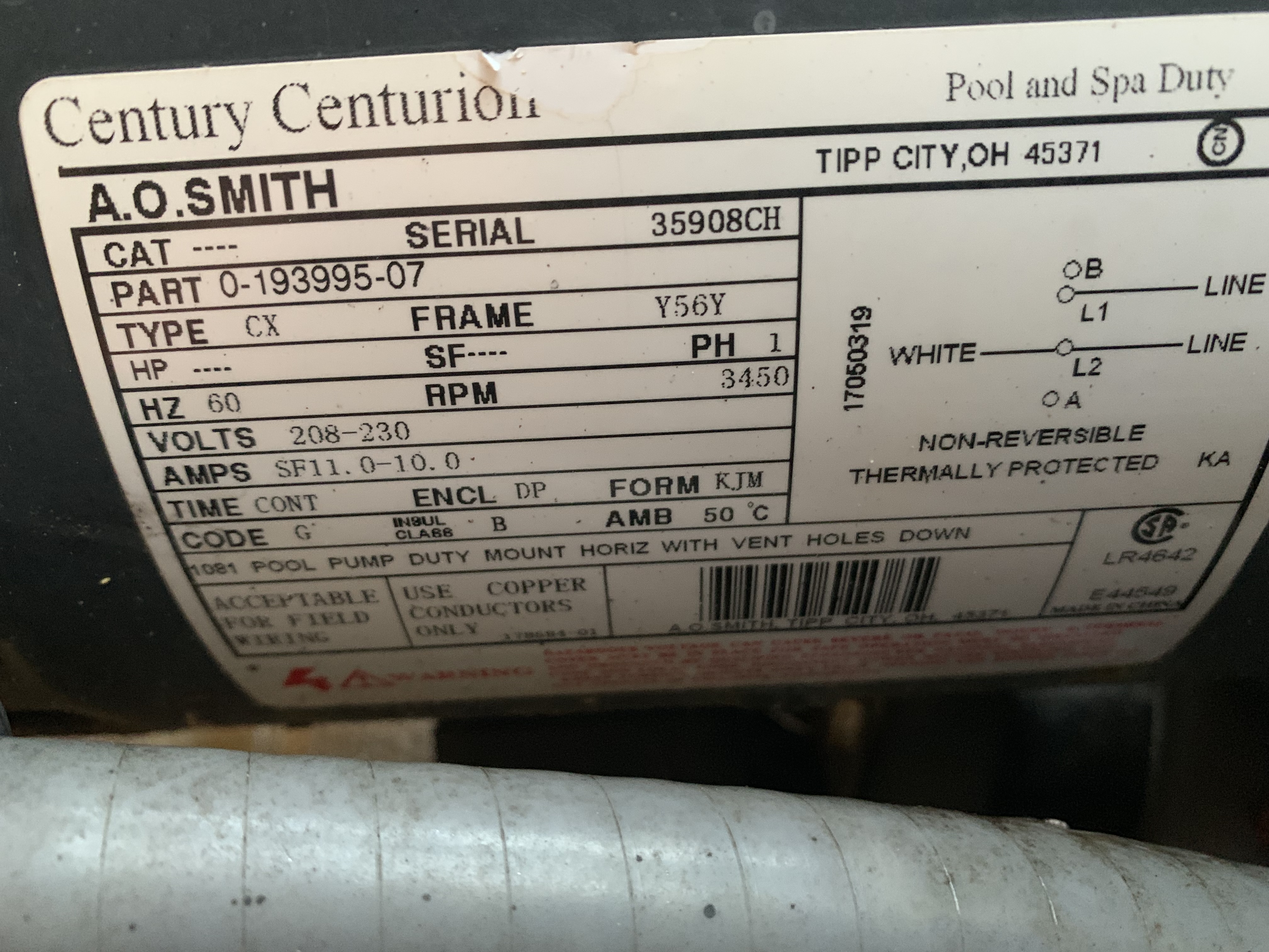 Century® (A.O. Smith) 2.0 HP Up-Rate Pool Pump Motor - B855  Square Flange | 56Y Frame | Single Speed - B2855
