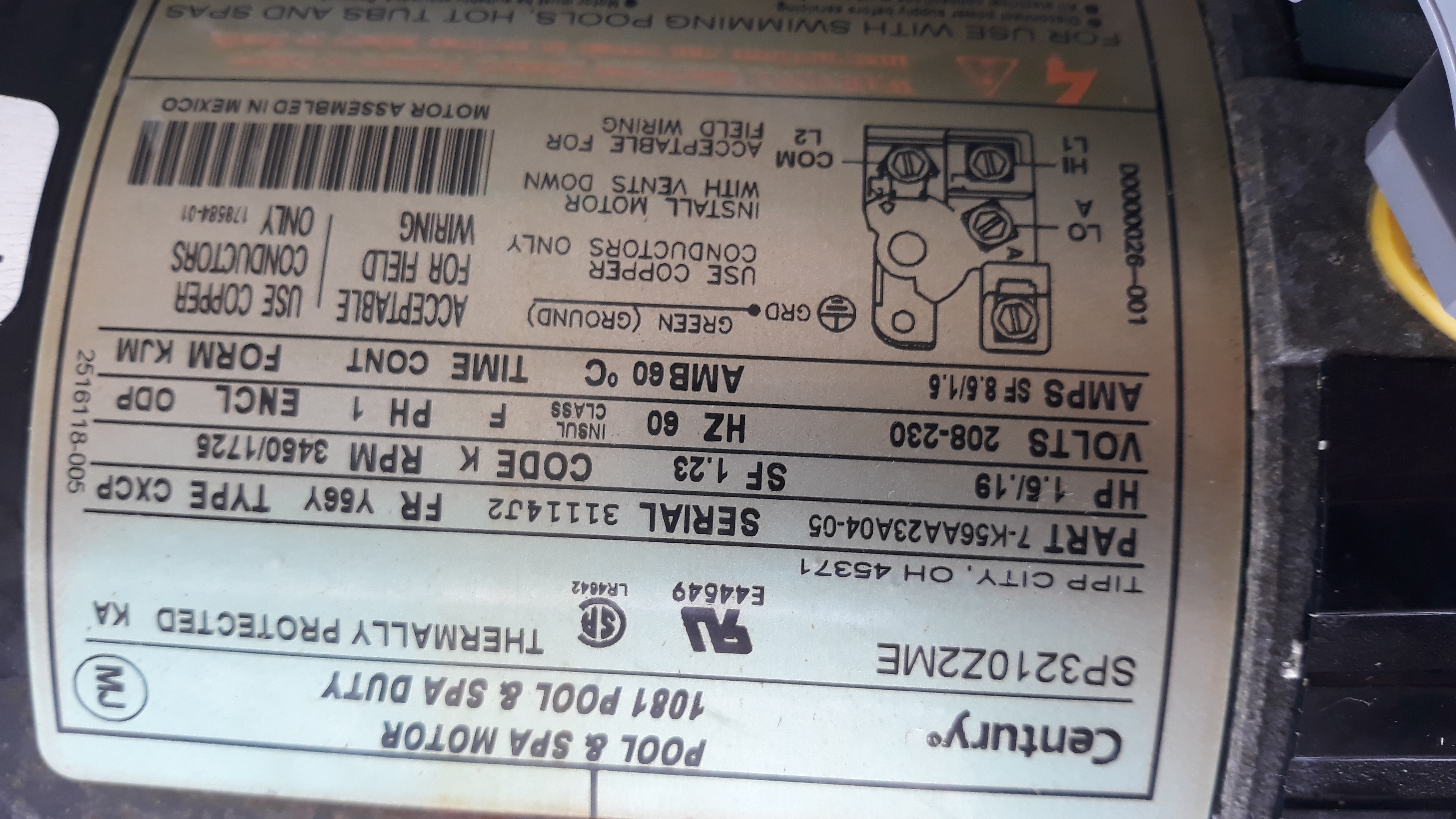 Century® (A.O. Smith) 2.0 HP Up-Rate Pool Pump Motor - B855  Square Flange | 56Y Frame | Single Speed - B2855