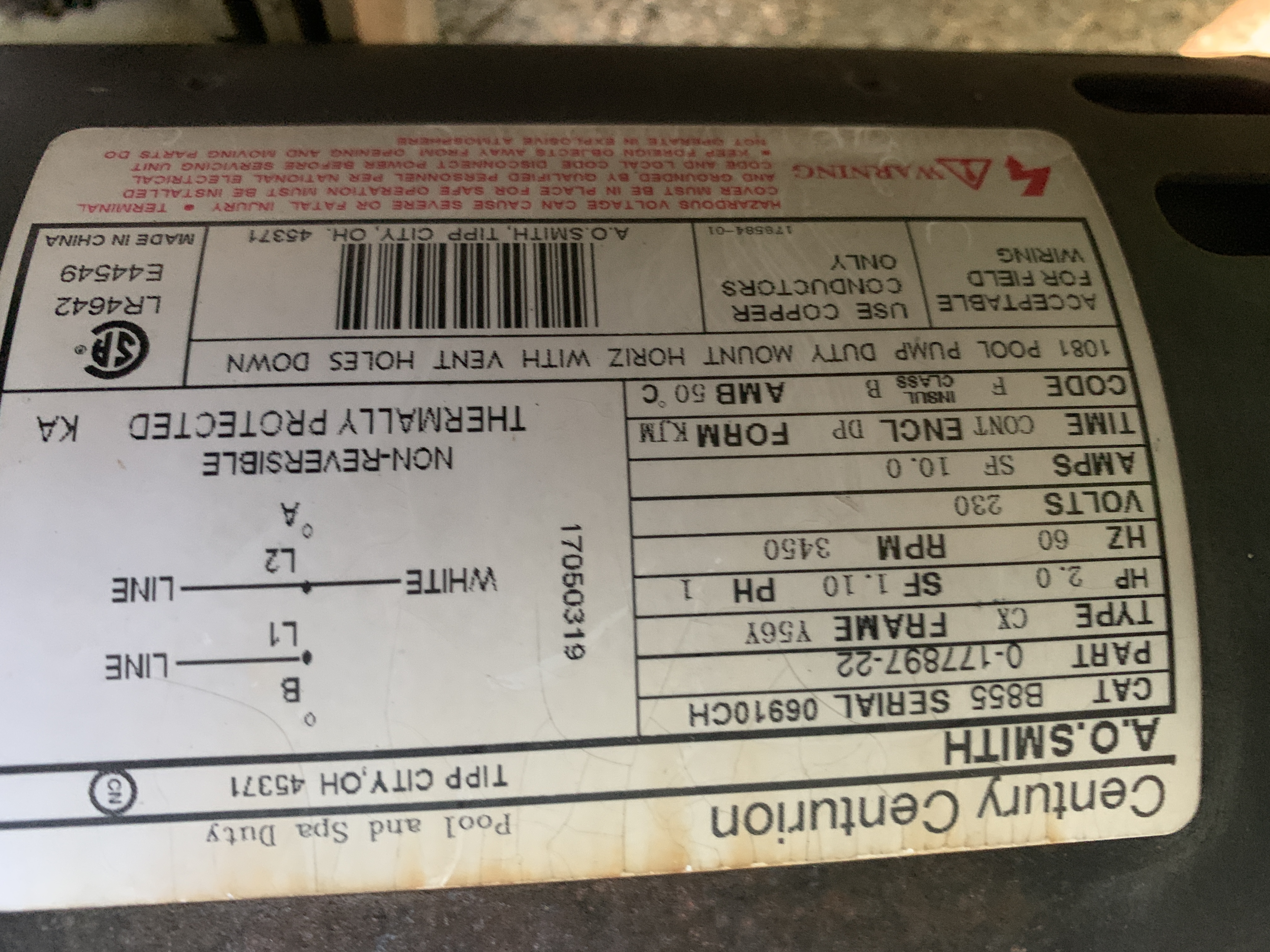 Century® (A.O. Smith) 2.0 HP Up-Rate Pool Pump Motor - B855  Square Flange | 56Y Frame | Single Speed - B2855