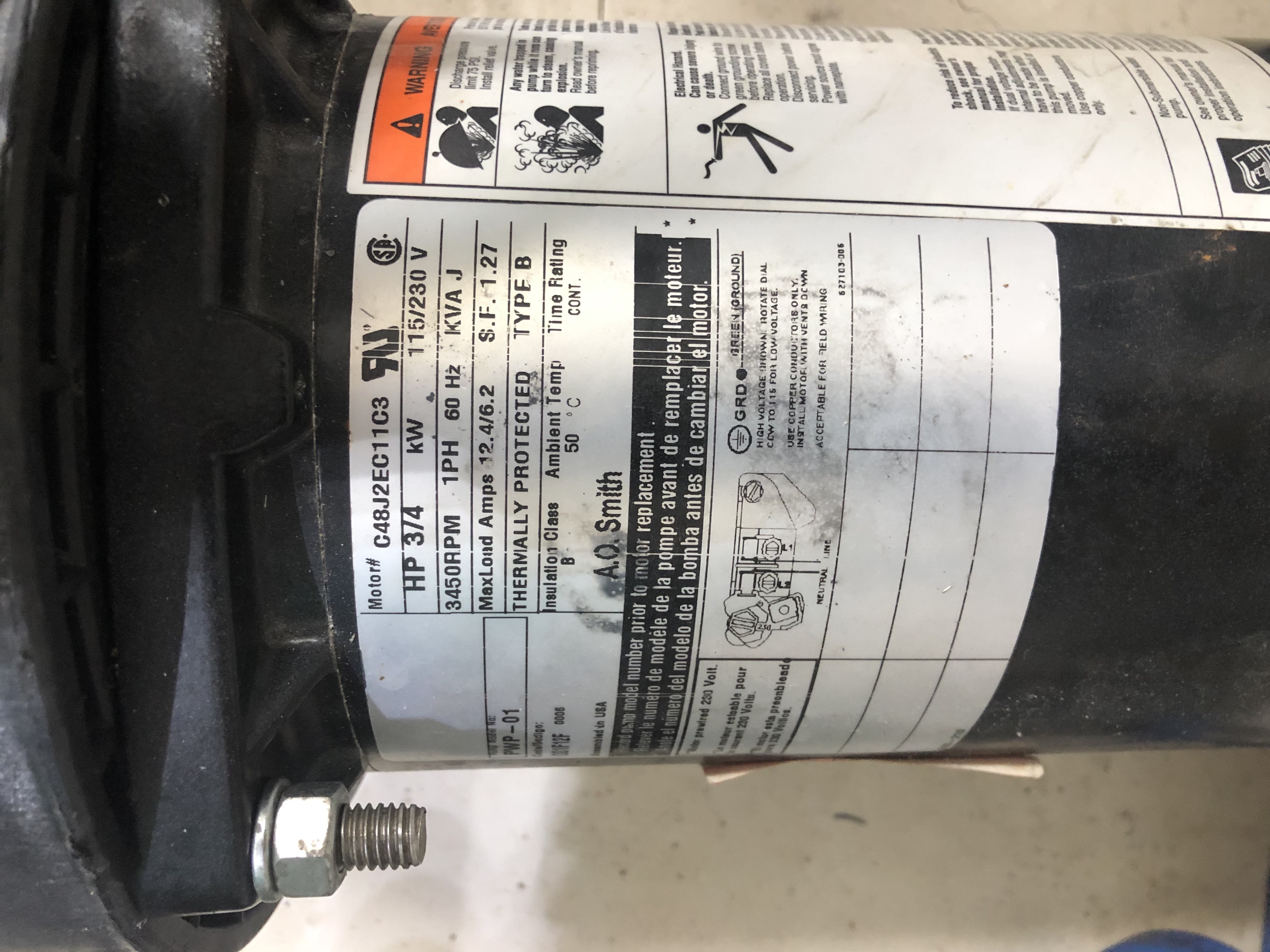 Century (A.O. Smith) 0.75 HP Up Rate Motor, Round Flange 56J Frame, Single Speed - Model UST1072