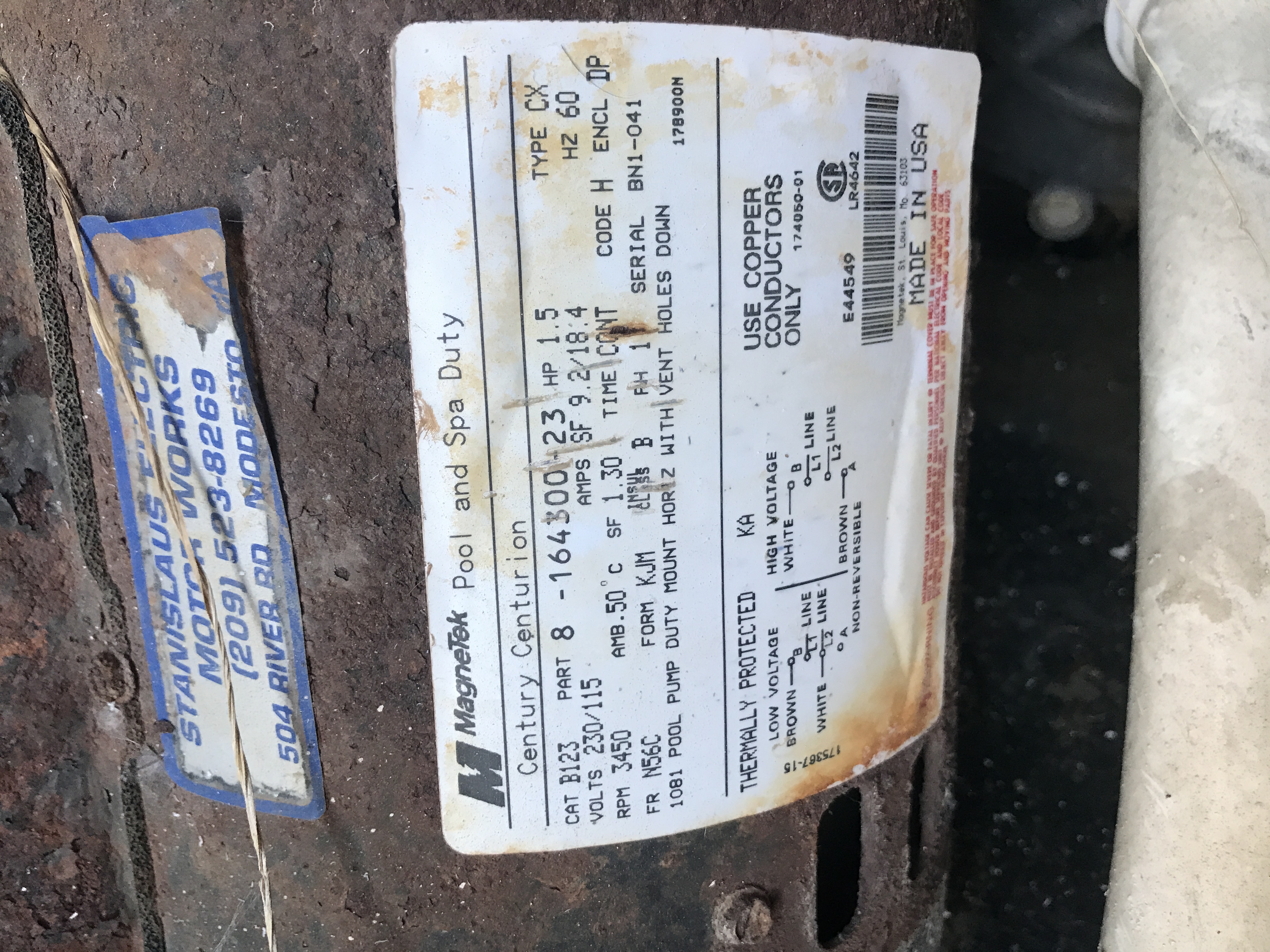 Century (A.O. Smith) 1.5 HP Full Rate Motor, Round Flange 56C Frame, Single Speed - Model B123