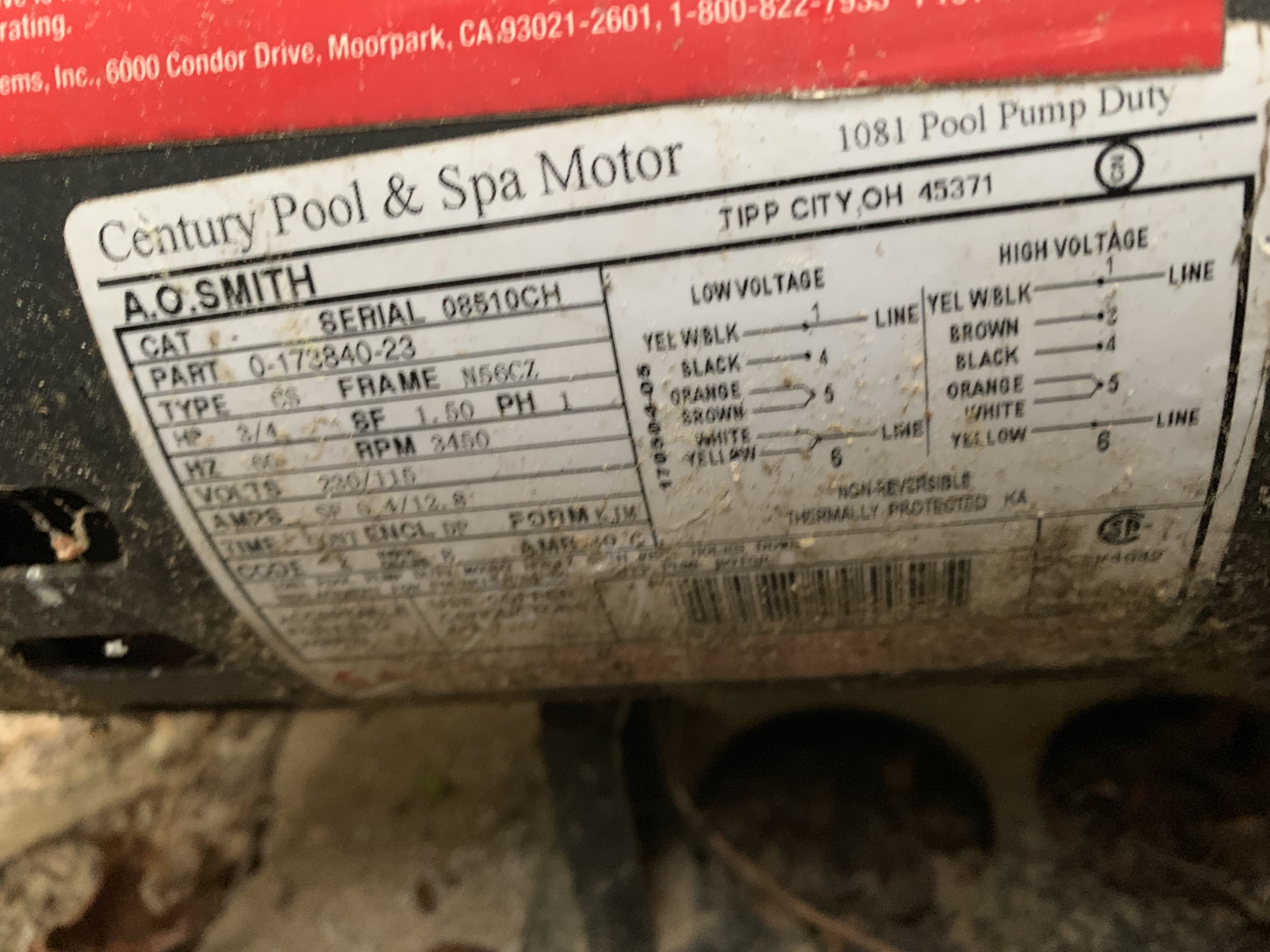 Century (A.O. Smith) .75 HP HP Full Polaris Booster Pump Motor, Round Flange 56C Frame, Single Speed - Model B625