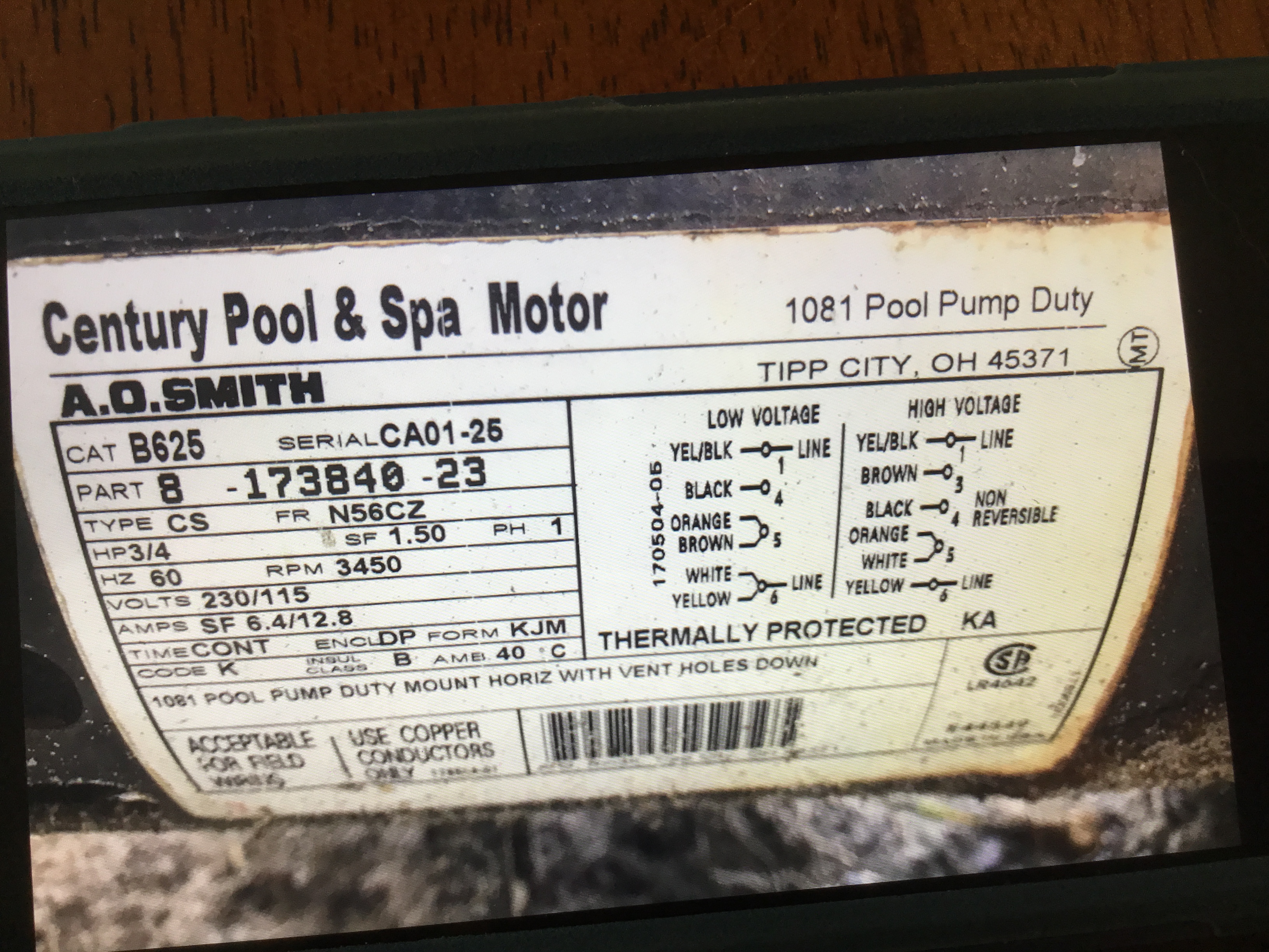 Century (A.O. Smith) .75 HP HP Full Polaris Booster Pump Motor, Round Flange 56C Frame, Single Speed - Model B625