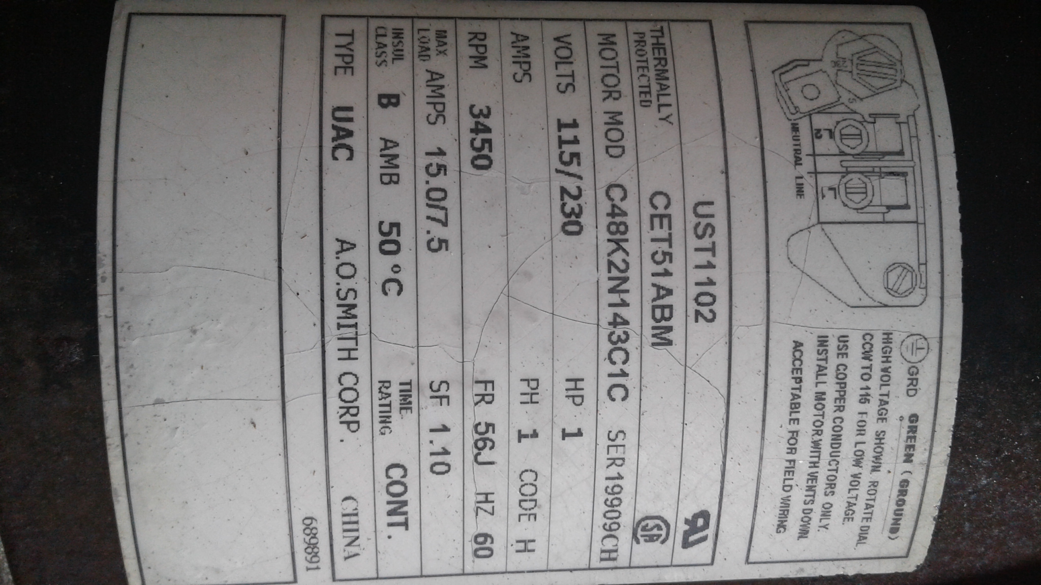 Century (A.O. Smith) 1.65 HP Motor, V-Green, Round Flange 56J, Variable Speed, 208-230V - Model ECM16CU (Discontinued)