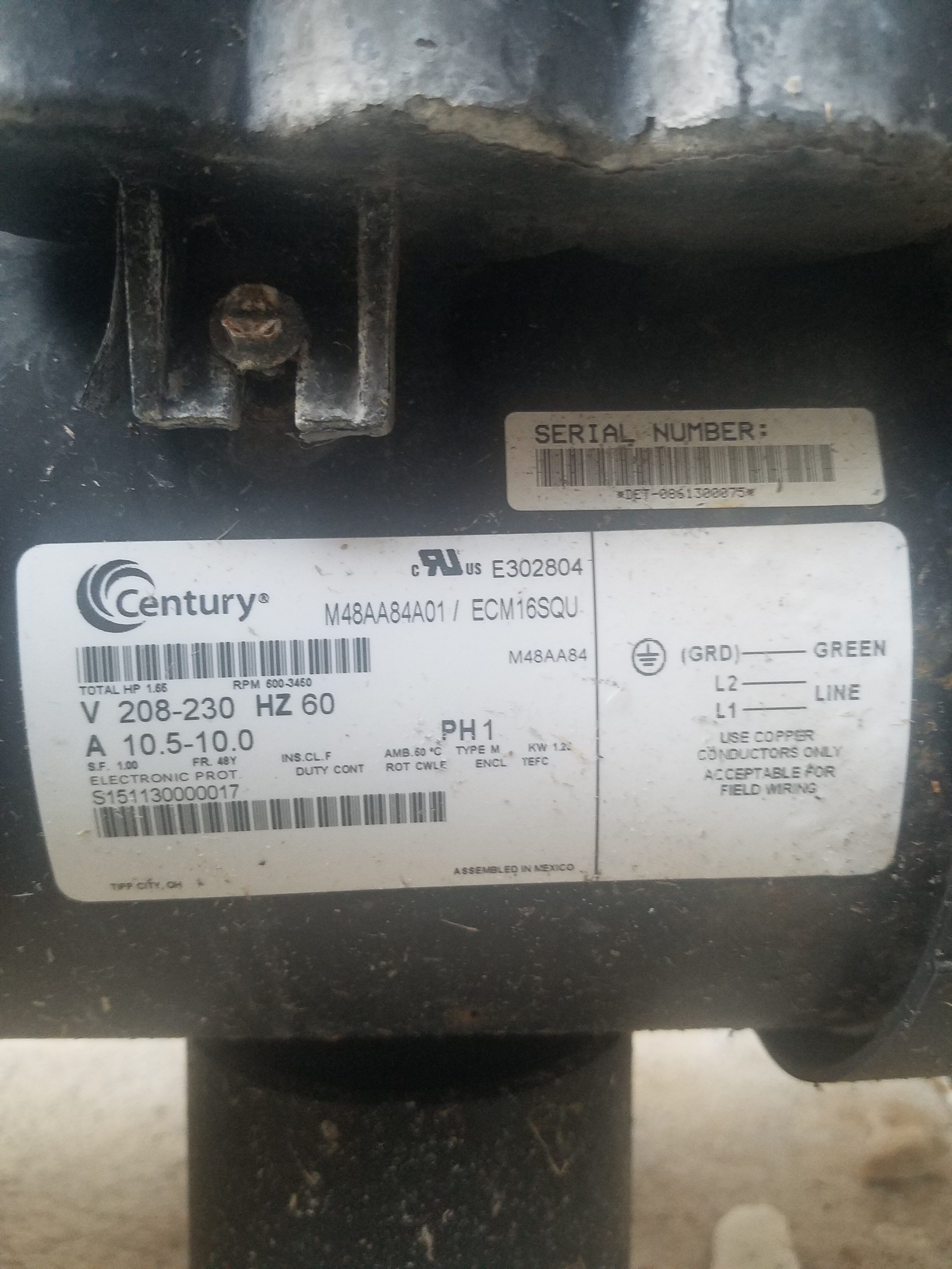 Century (A.O. Smith) 1.65 HP Motor, V-Green, Square Flange 48Y, Variable Speed - Model ECM16SQU