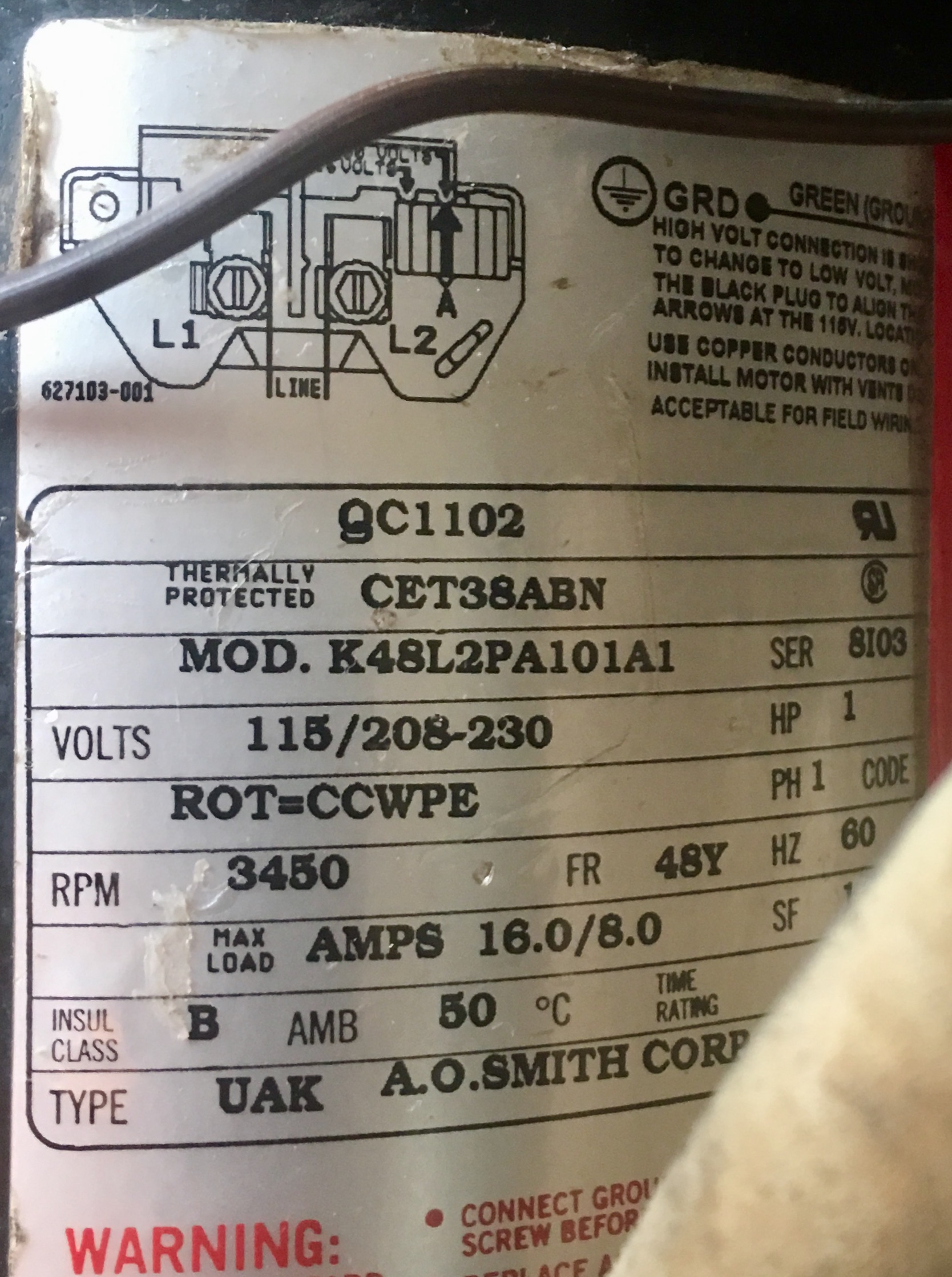 Century (A.O. Smith) 1.65 HP Motor, V-Green, Square Flange 48Y, Variable Speed - Model ECM16SQU