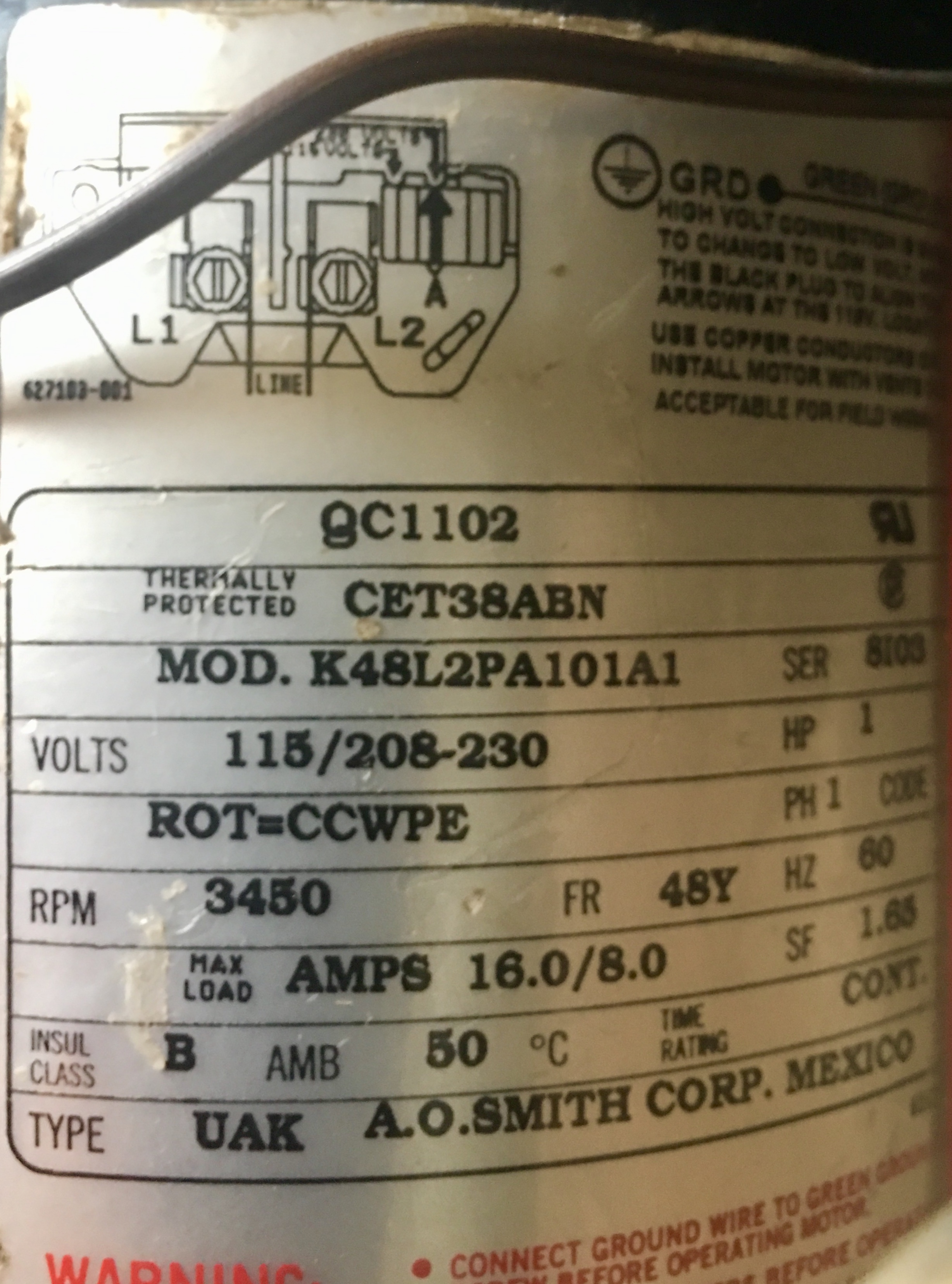 Century (A.O. Smith) 1.65 HP Motor, V-Green, Square Flange 48Y, Variable Speed - Model ECM16SQU